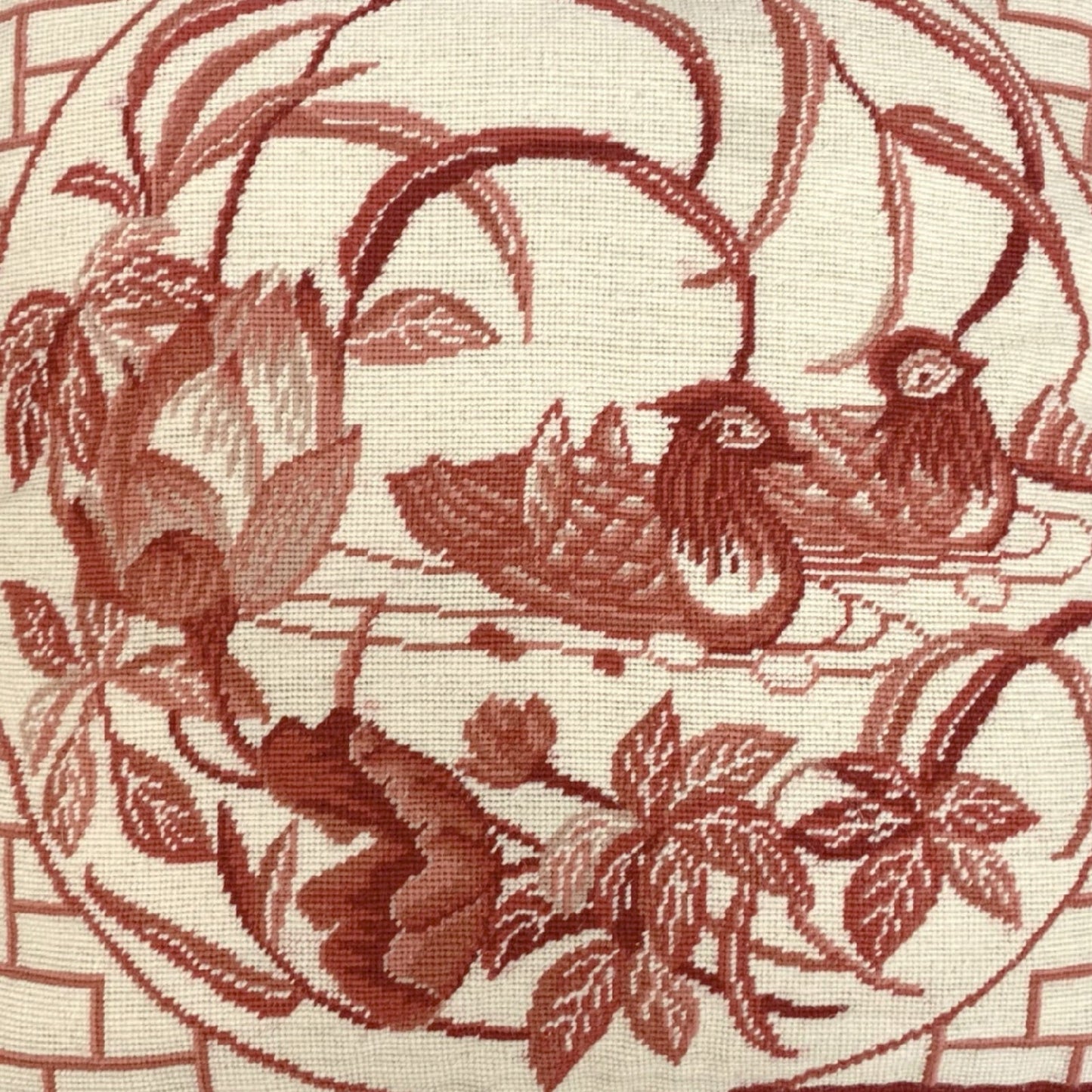 Handmade Wool Needlepoint Pillow Cover - Decorative Throw Cushion Cover - Vintage Floral Embroidery Design  red Mandarin Ducks lotus flower with tassels