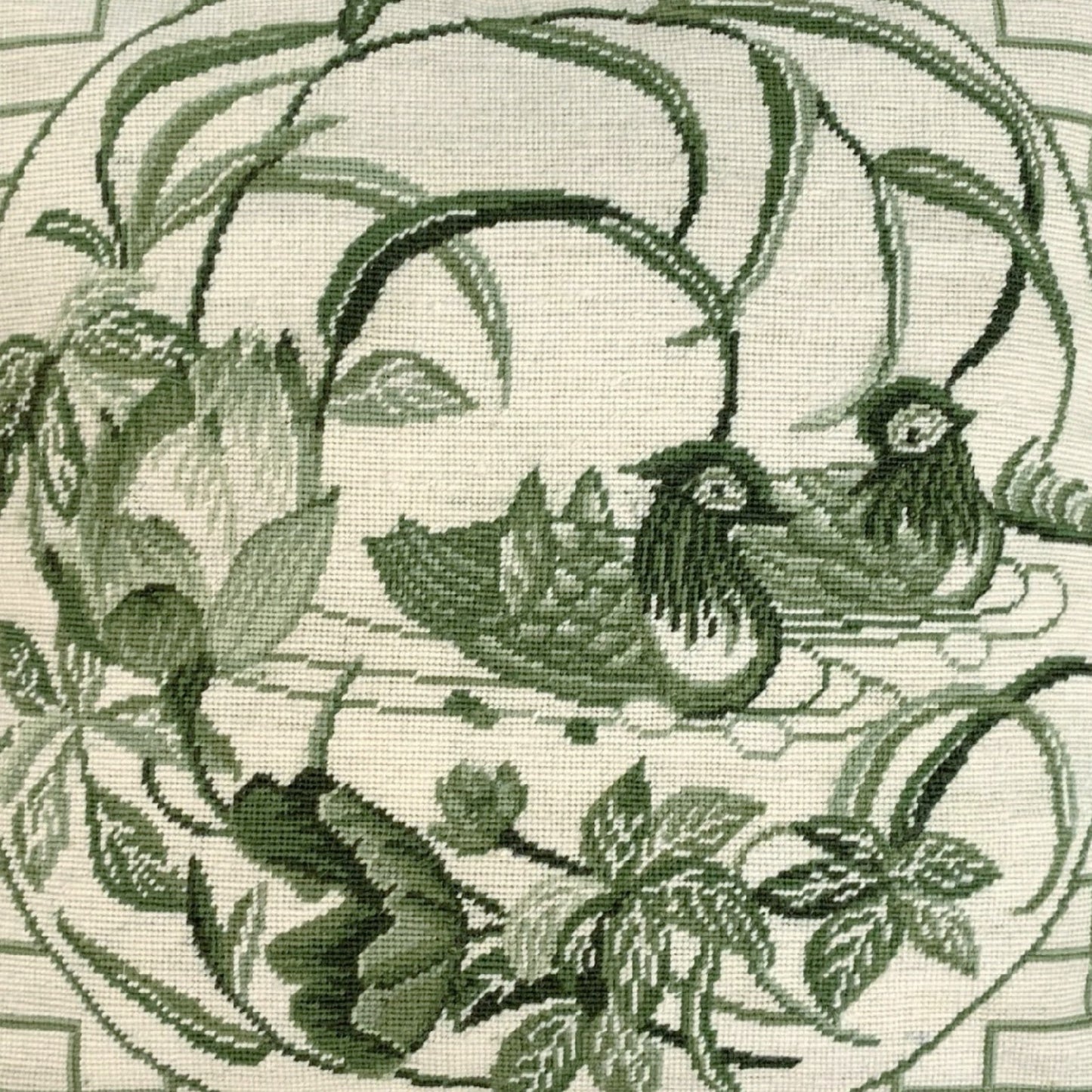 Handmade Wool Needlepoint Pillow Cover - Decorative Throw Cushion Cover - Vintage Floral Embroidery Design  green Manderain Ducks lotus flower with tassels