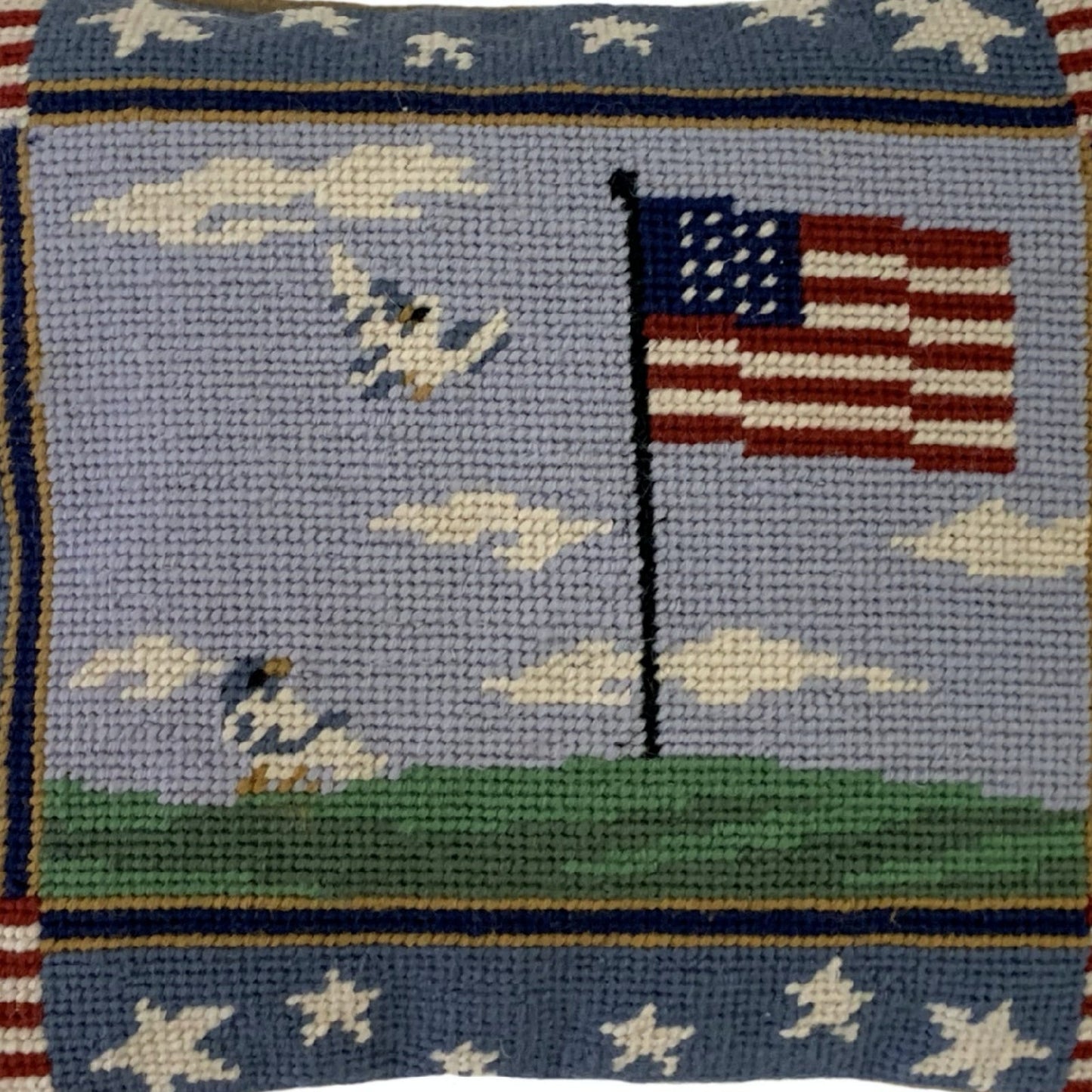 Handmade Wool Needlepoint Pillow Cover - Decorative Throw Cushion Cover - Vintage Floral Embroidery Design center flag & 4 flags on 4 corners