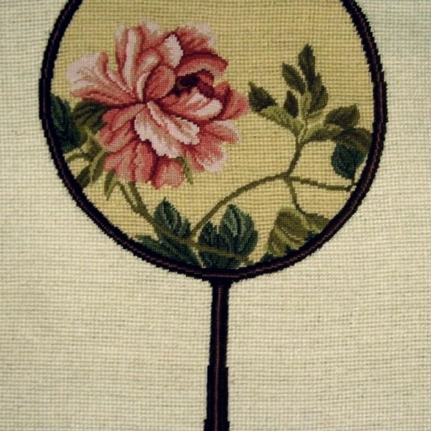 Handmade Wool Needlepoint Pillow Cover - Decorative Throw Cushion Cover - Vintage Floral Embroidery Design pink peony in the Chinese fan with checker border