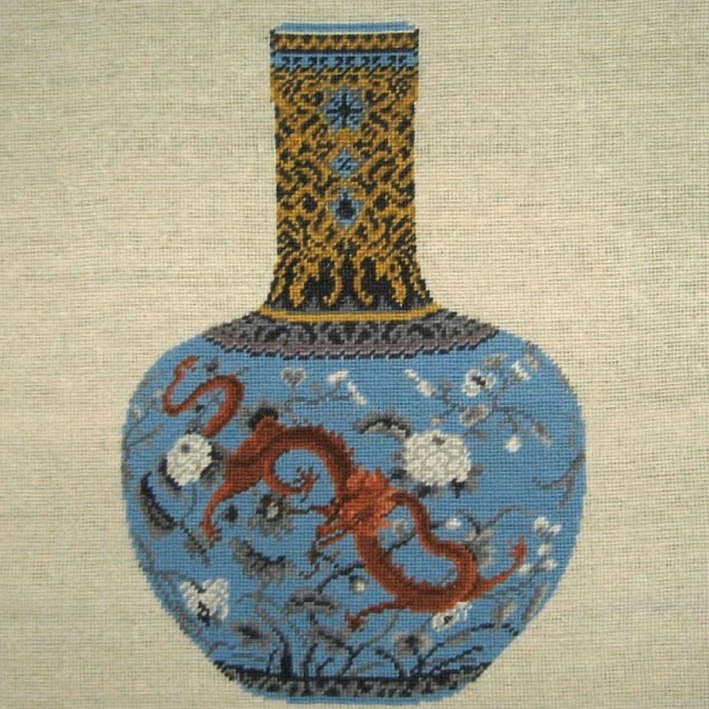 Handmade Wool Needlepoint Pillow Cover - Decorative Throw Cushion Cover - Vintage Floral Embroidery Design  Ming dynasty dragon blue vast with cording