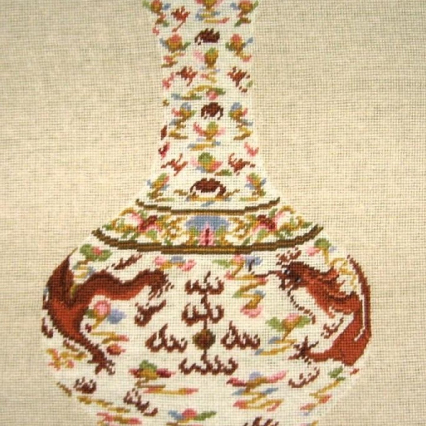 Handmade Wool Needlepoint Pillow Cover - Decorative Throw Cushion Cover - Vintage Floral Embroidery Design  Ming dynasty dragon vast with cording