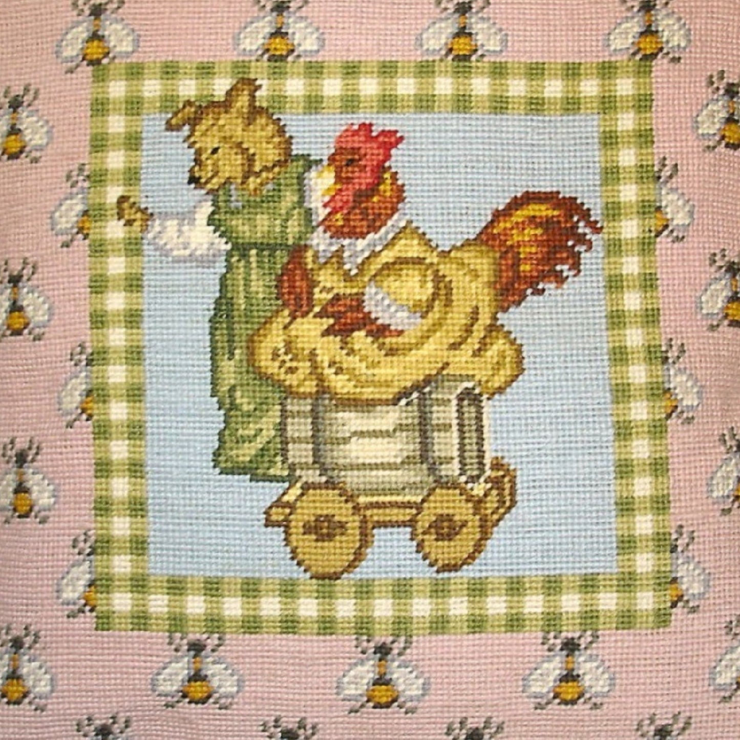 Handmade Wool Needlepoint Pillow Cover - Decorative Throw Cushion Cover - Vintage Floral Embroidery Design bear & chicken bees on the board blue green cording