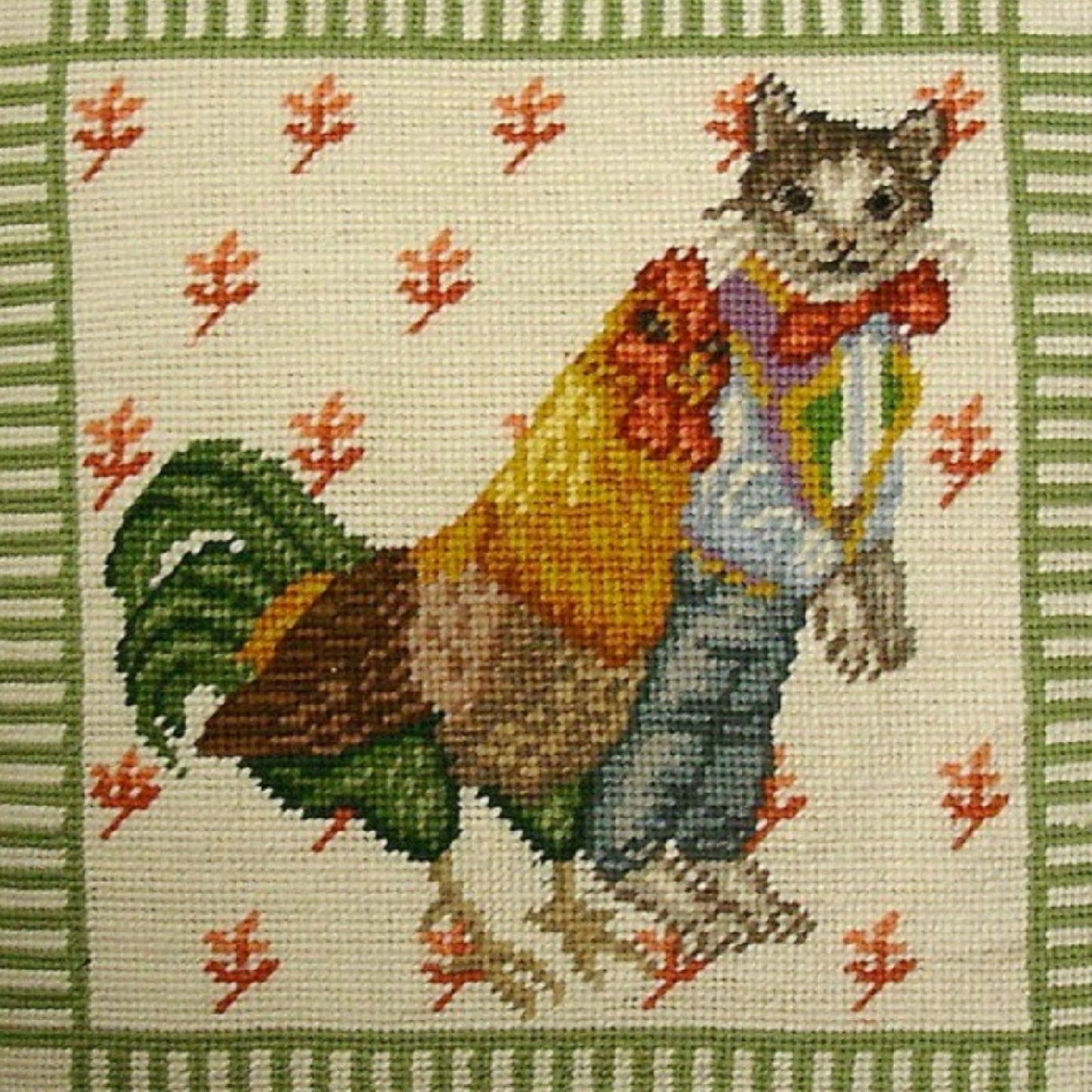 Handmade Wool Needlepoint Pillow Cover - Decorative Throw Cushion Cover - Vintage Floral Embroidery Design cat boy & chicken ladybug on 4 corners mauve & yellow cording