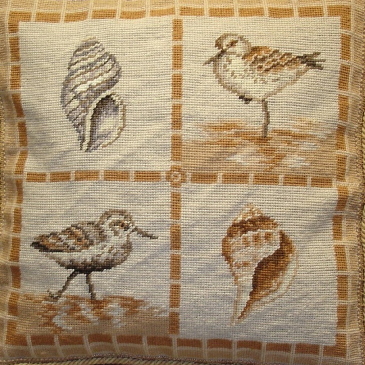 Handmade Wool Needlepoint Pillow Cover - Decorative Throw Cushion Cover - Vintage Floral Embroidery Design Brown bird and shell with tassel