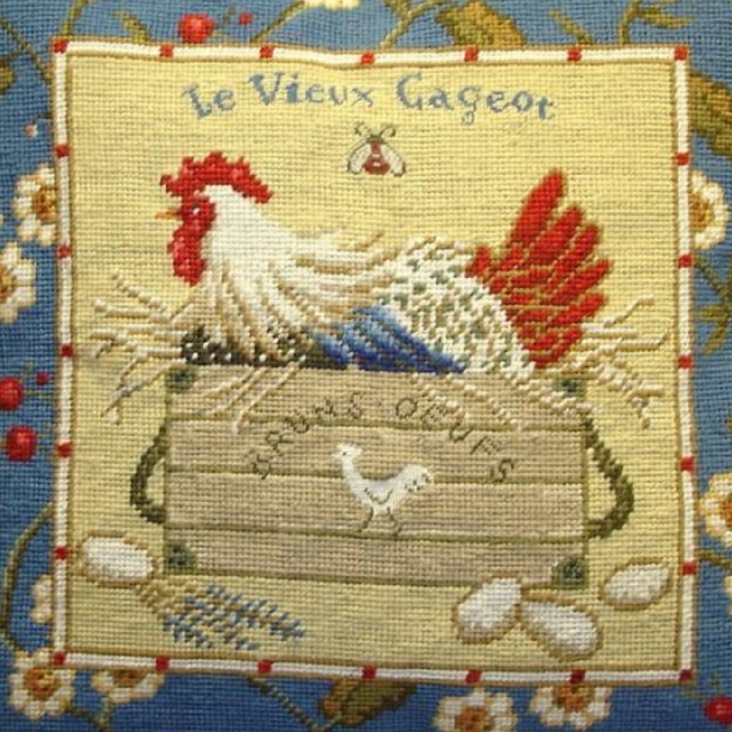 Handmade Wool Needlepoint Pillow Cover - Decorative Throw Cushion Cover - Vintage Floral Embroidery Design Sudi McCollums designLe Vieux Cageot with  bee and 3 color tassel