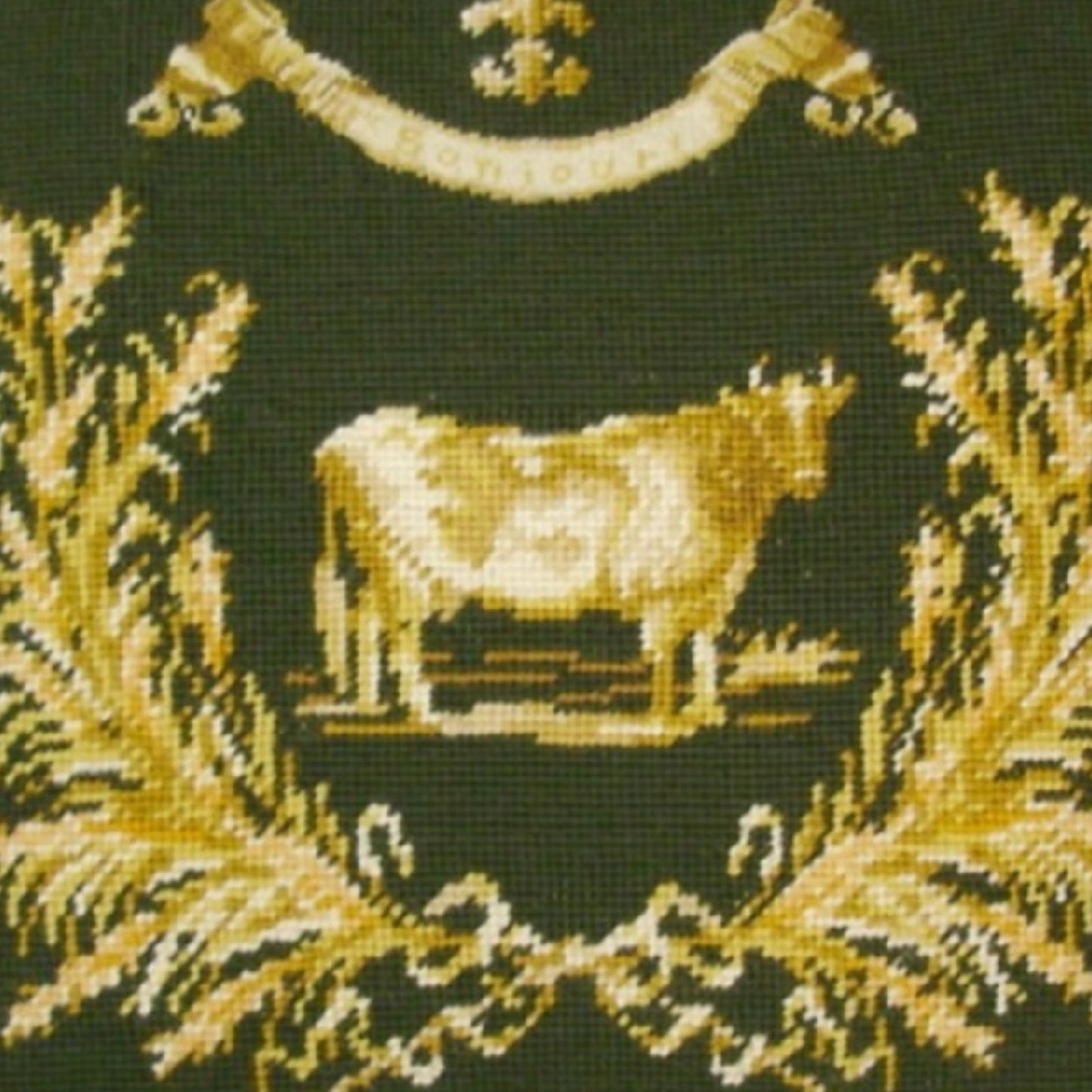 Handmade Wool Needlepoint Pillow Cover - Decorative Throw Cushion Cover - Vintage Floral Embroidery Design Gayle Bighouse design french County Cow, green