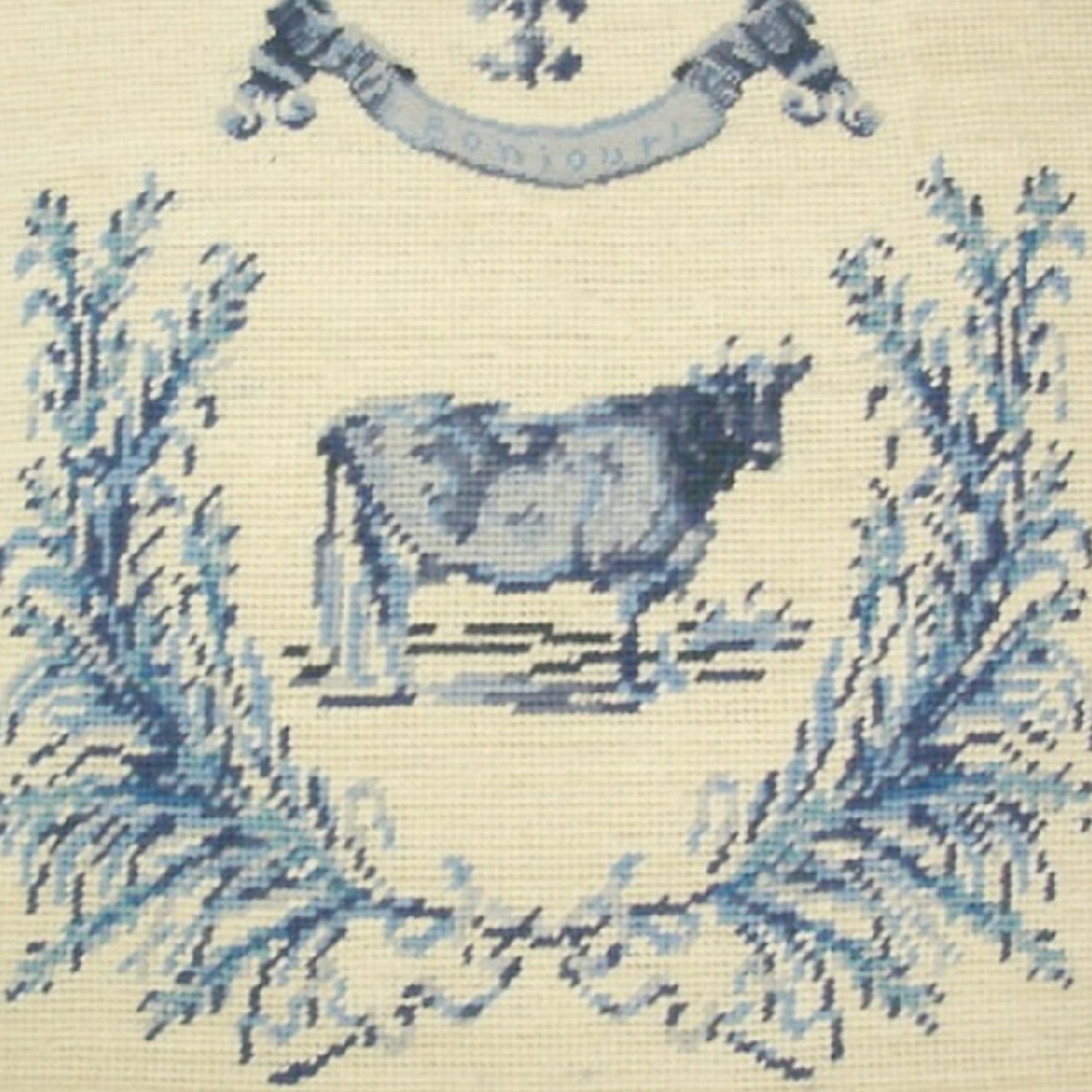 Handmade Wool Needlepoint Pillow Cover - Decorative Throw Cushion Cover - Vintage Floral Embroidery Design Gayle Bighouse design french country cow blue