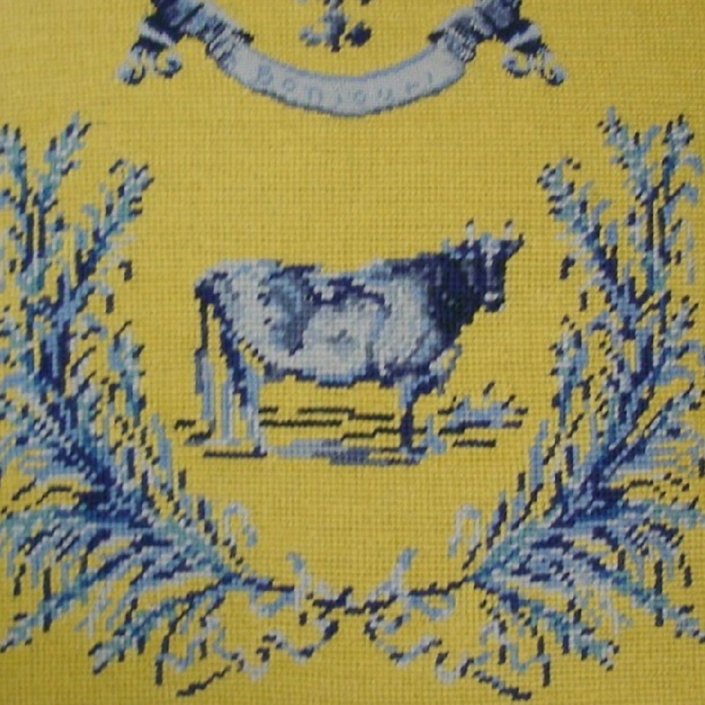 Handmade Wool Needlepoint Pillow Cover - Decorative Throw Cushion Cover - Vintage Floral Embroidery Design yellow/blue cow with cording