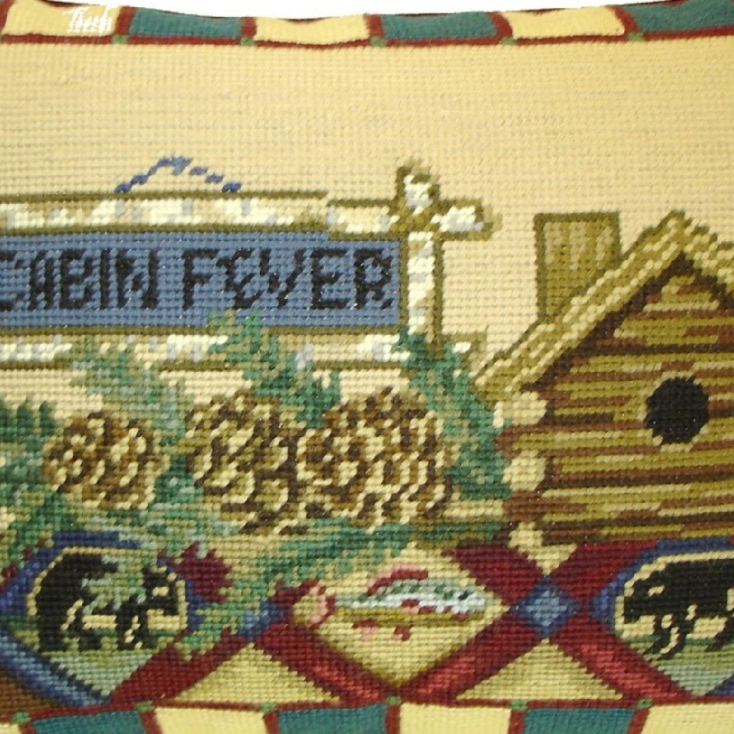 Handmade Wool Needlepoint Pillow Cover - Decorative Throw Cushion Cover - Vintage Floral Embroidery Design Laurie Kosgaden designCabin Fever