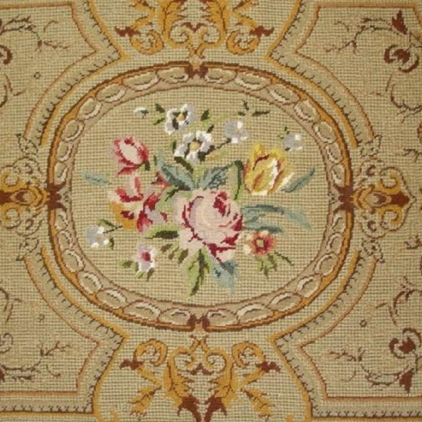 Handmade Wool Needlepoint Pillow Cover - Decorative Throw Cushion Cover - Vintage Floral Embroidery Design old antique golden frame & roses center with gold tassels