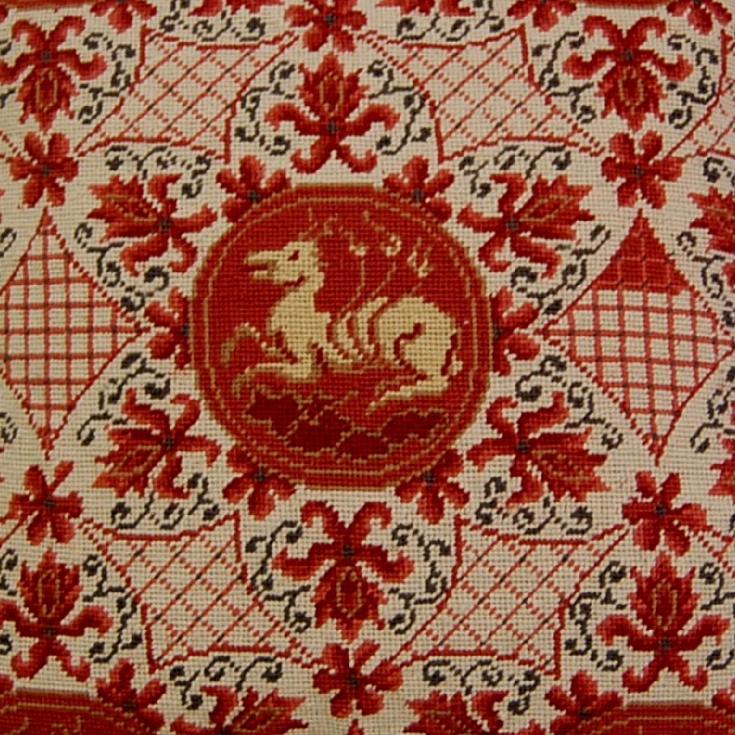 Handmade Wool Needlepoint Pillow Cover - Decorative Throw Cushion Cover - Vintage Floral Embroidery Design red ancient dogs with tassels I