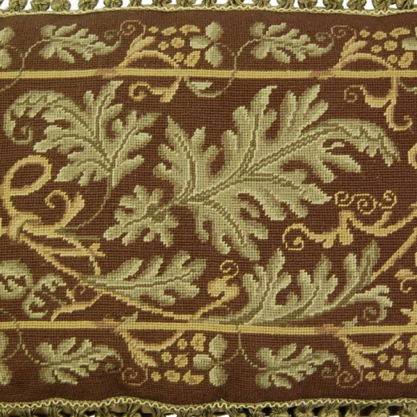 Handmade Wool Needlepoint Pillow Cover - Decorative Throw Cushion Cover - Vintage Floral Embroidery Design olive-brown grape leaves with 2 color tassel