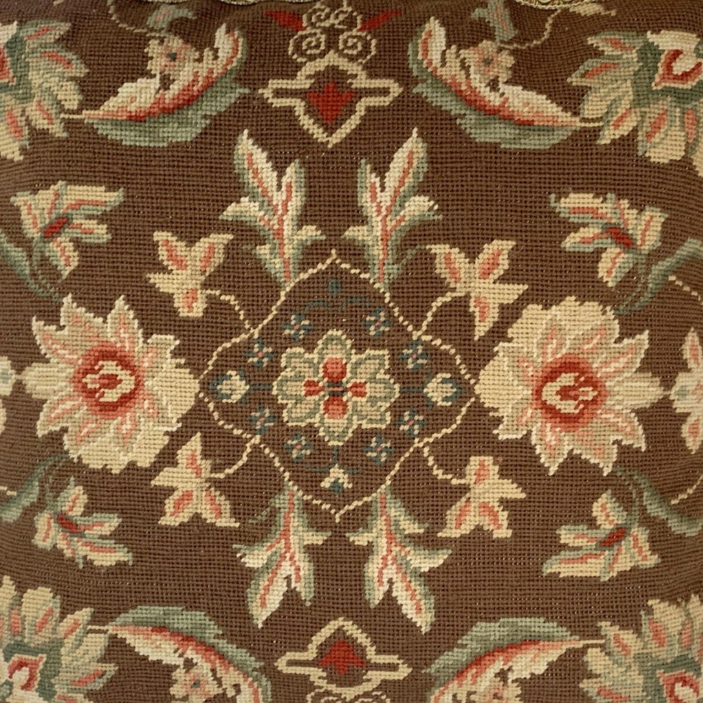 Handmade Wool Needlepoint Pillow Cover - Decorative Throw Cushion Cover - Vintage Floral Embroidery Designmilk chocolate background 3 small flower center with tassels