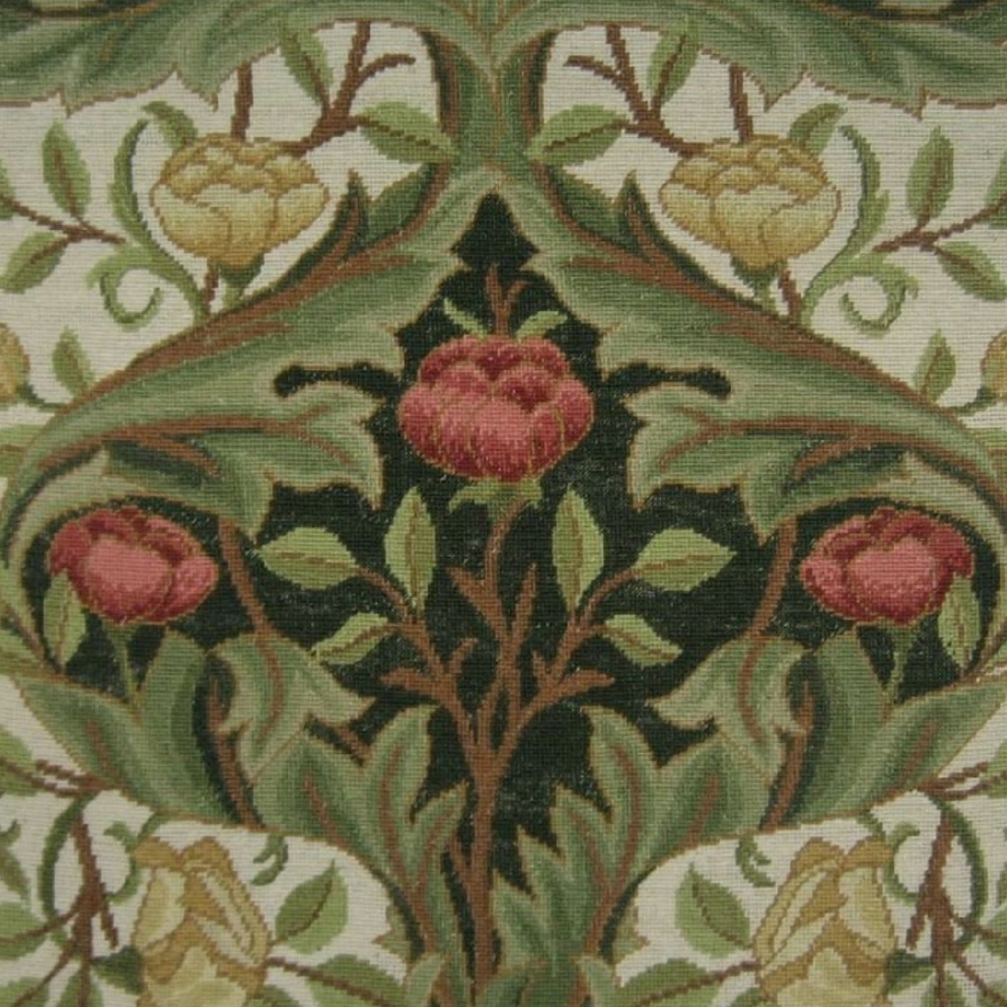 Handmade Wool Needlepoint Pillow Cover - Decorative Throw Cushion Cover - Vintage Floral Embroidery Design  old roses dark green center with tassels