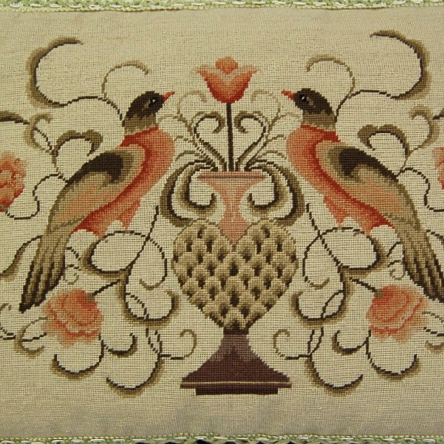 Handmade Wool Needlepoint Pillow Cover - Decorative Throw Cushion Cover - Vintage Floral Embroidery Design  2 birds with 2 color tassels
