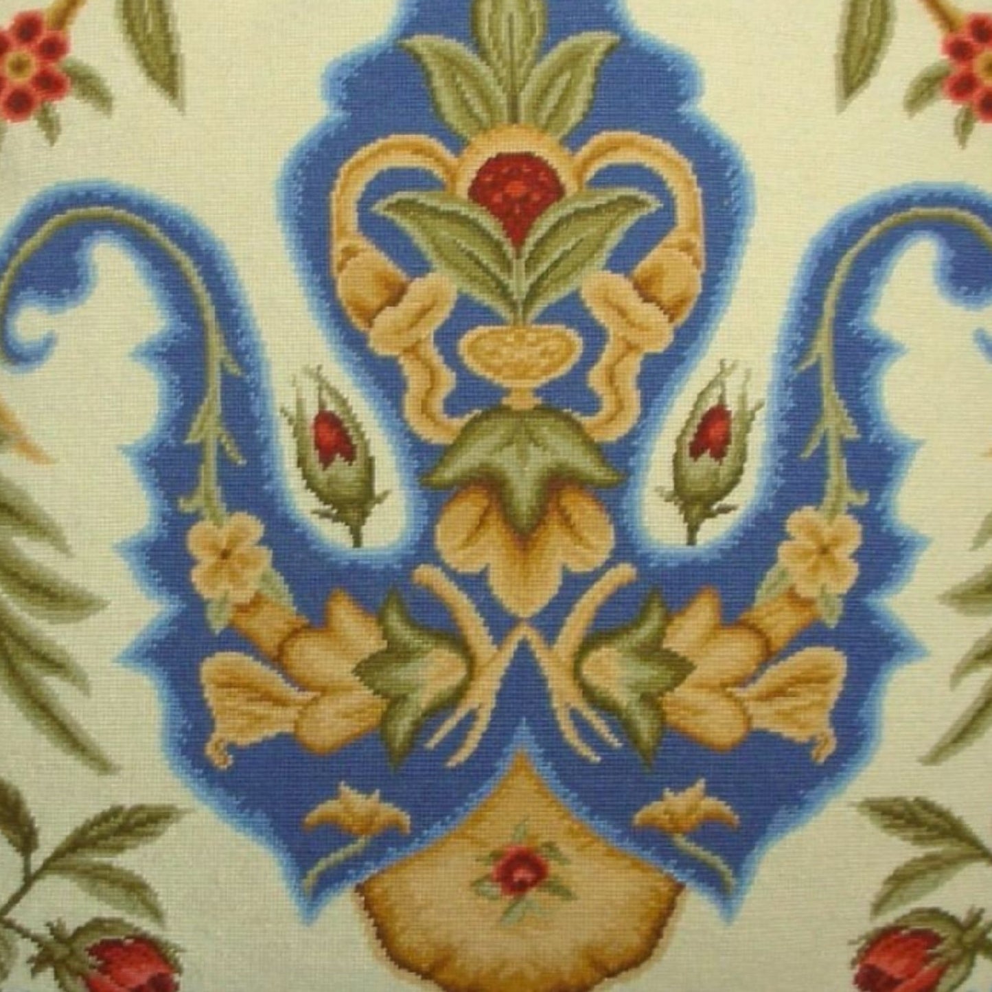 Handmade Wool Needlepoint Pillow Cover - Decorative Throw Cushion Cover - Vintage Floral Embroidery Design  blue tulip red roses with tassels