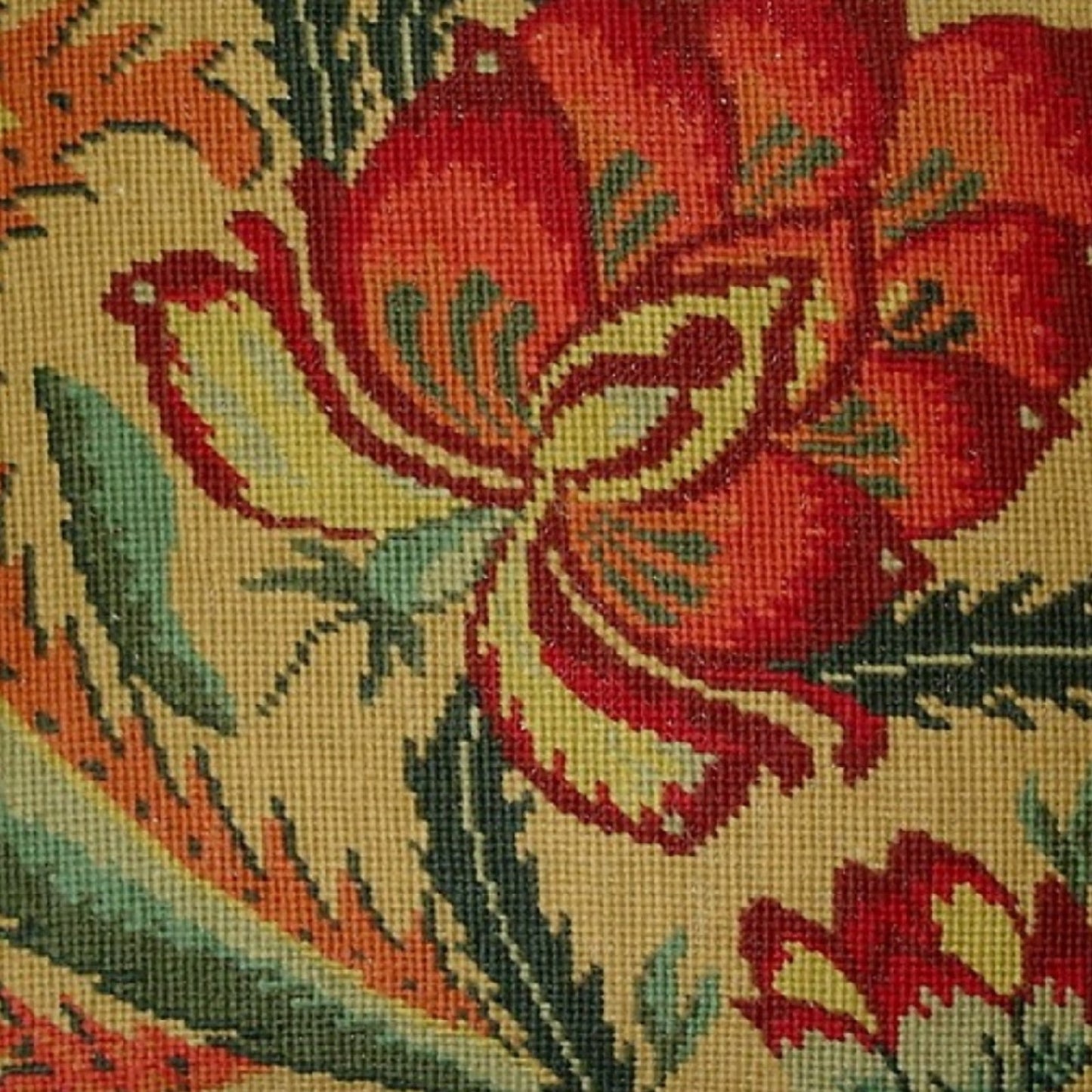 Handmade Wool Needlepoint Pillow Cover - Decorative Throw Cushion Cover - Vintage Floral Embroidery Design flower in shade of rich gold, red, green