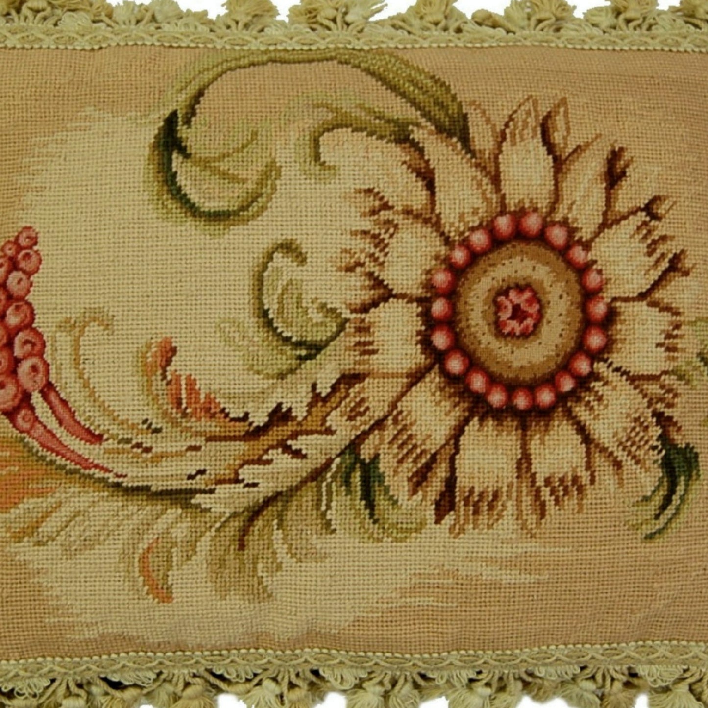 Handmade Wool Needlepoint Pillow Cover - Decorative Throw Cushion Cover - Vintage Floral Embroidery Design Wheat flower side with tassels