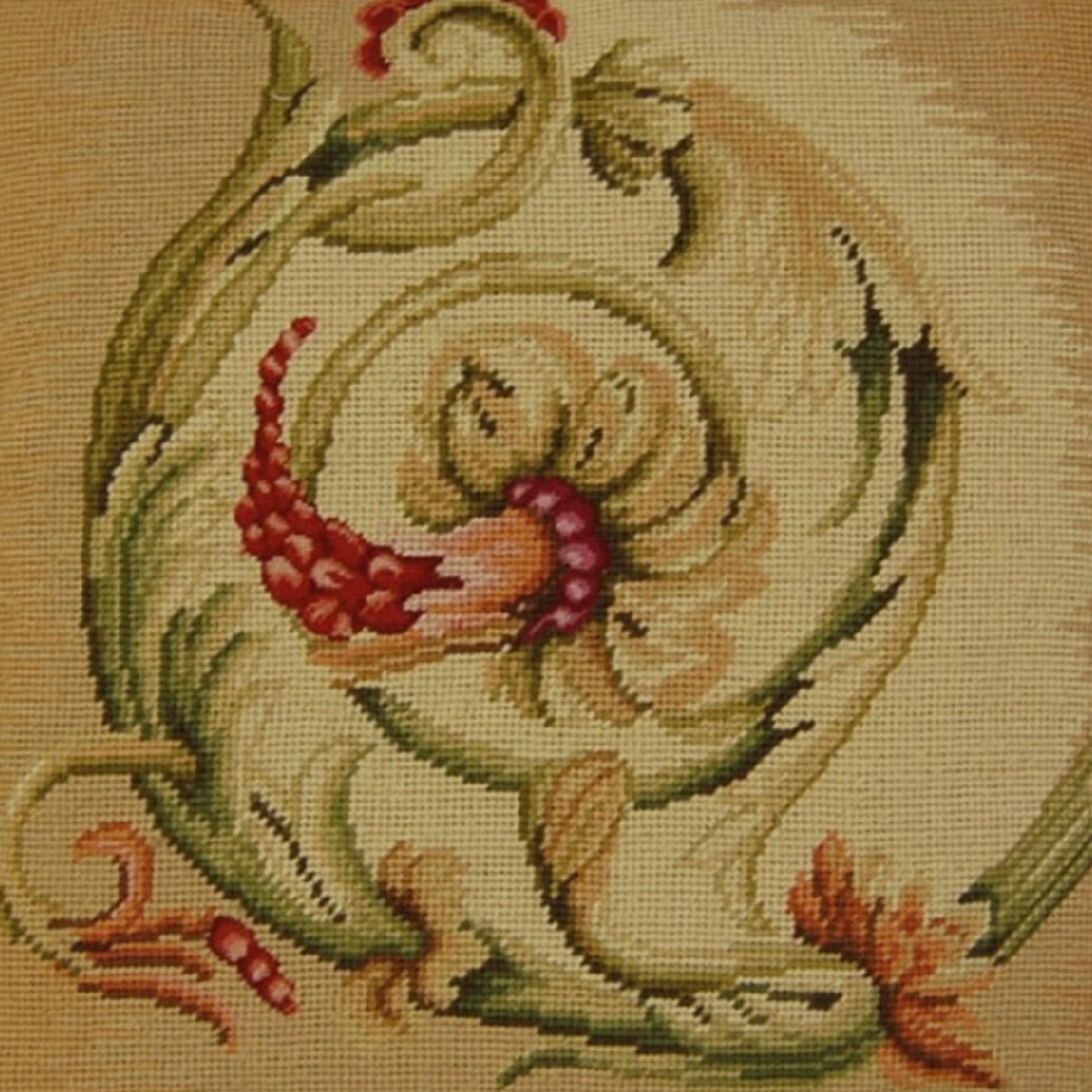 Handmade Wool Needlepoint Pillow Cover - Decorative Throw Cushion Cover - Vintage Floral Embroidery Design  Wheat blooming center circling with tassel