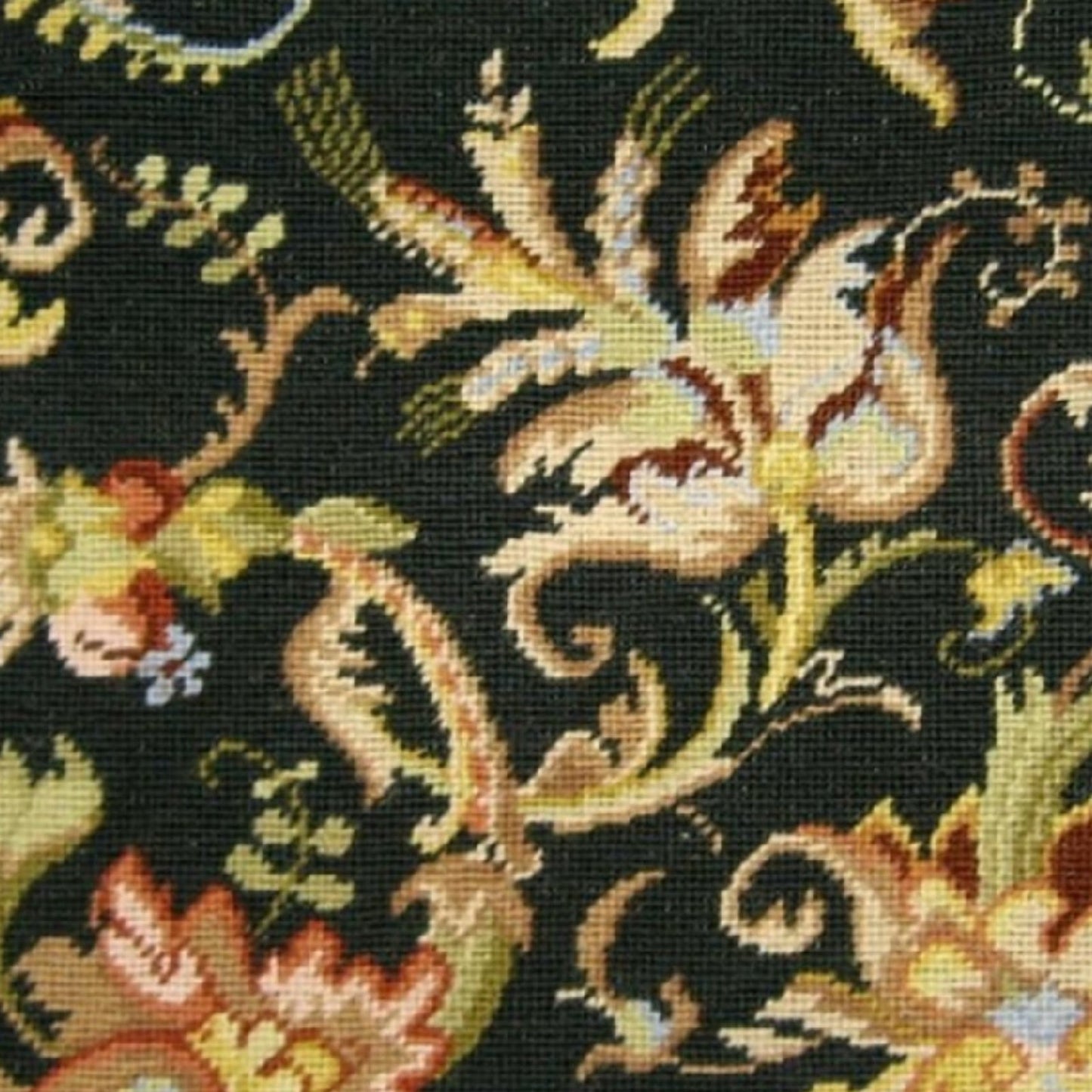 Handmade Wool Needlepoint Pillow Cover - Decorative Throw Cushion Cover - Vintage Floral Embroidery Design wheat flower blooming in autumn midnight washed black back with tassels