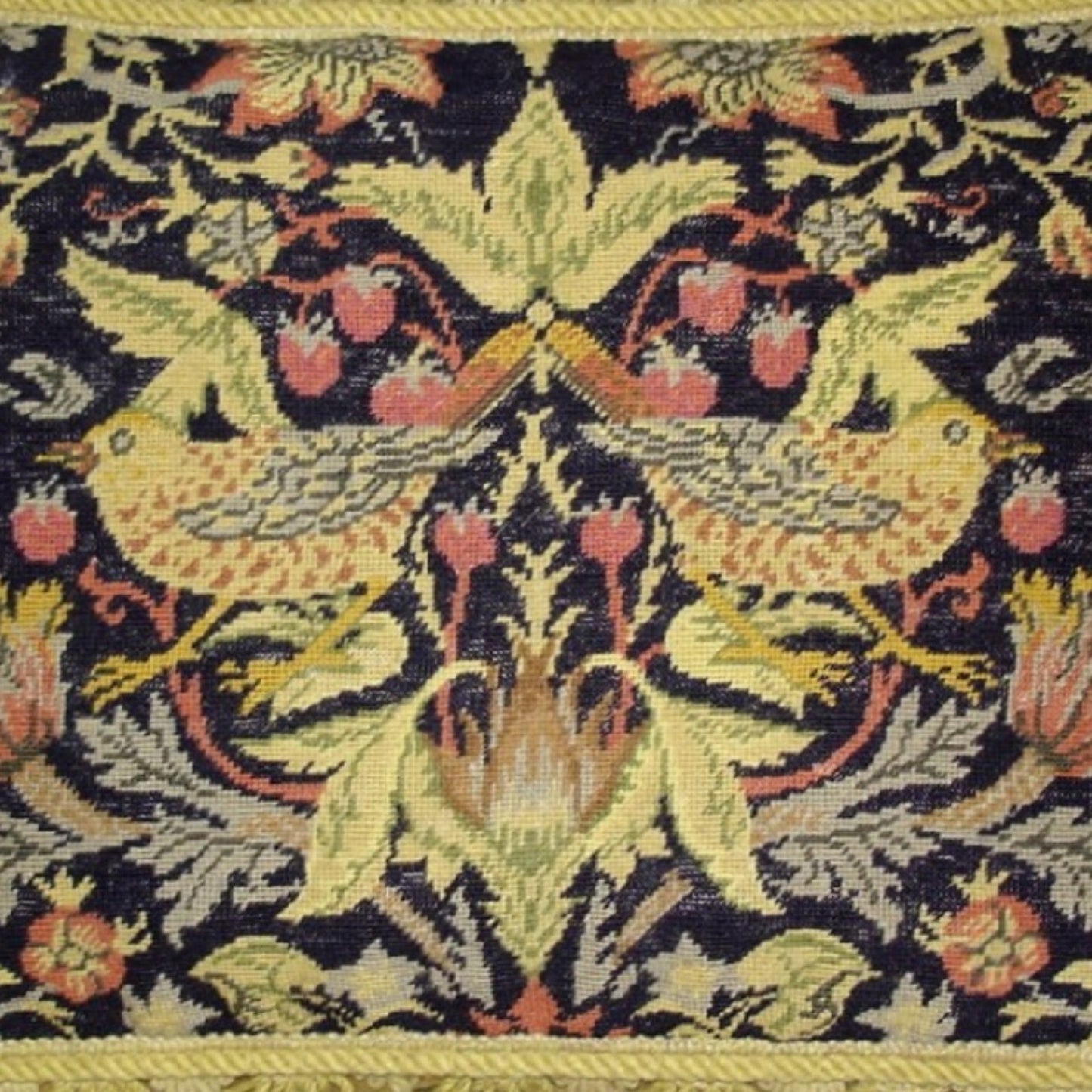 Handmade Wool Needlepoint Pillow Cover - Decorative Throw Cushion Cover - Vintage Floral Embroidery Design William Moris Design 2 yellow birds dark navy background gold tassels