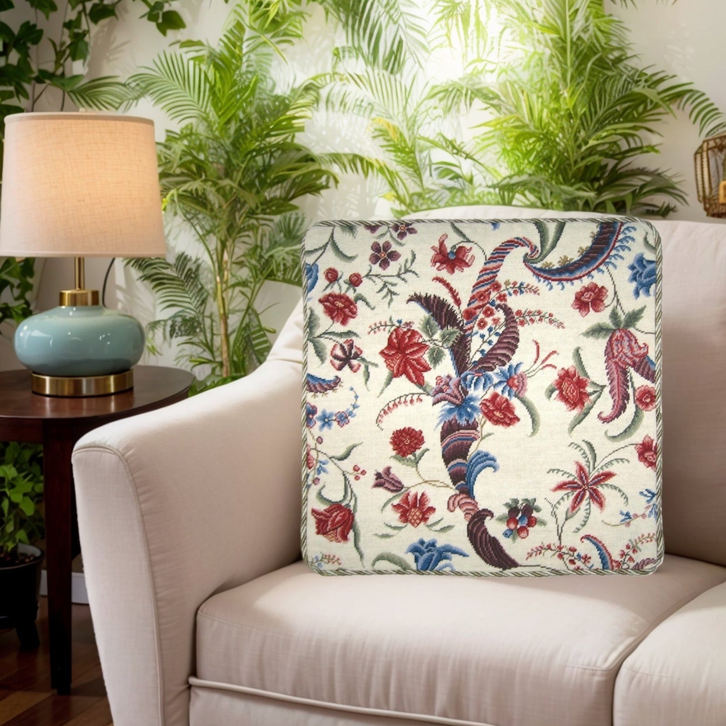 Handmade Wool Needlepoint Pillow Cover - Decorative Throw Cushion Cover - Vintage Floral Embroidery Design  tropical floral with cording 1