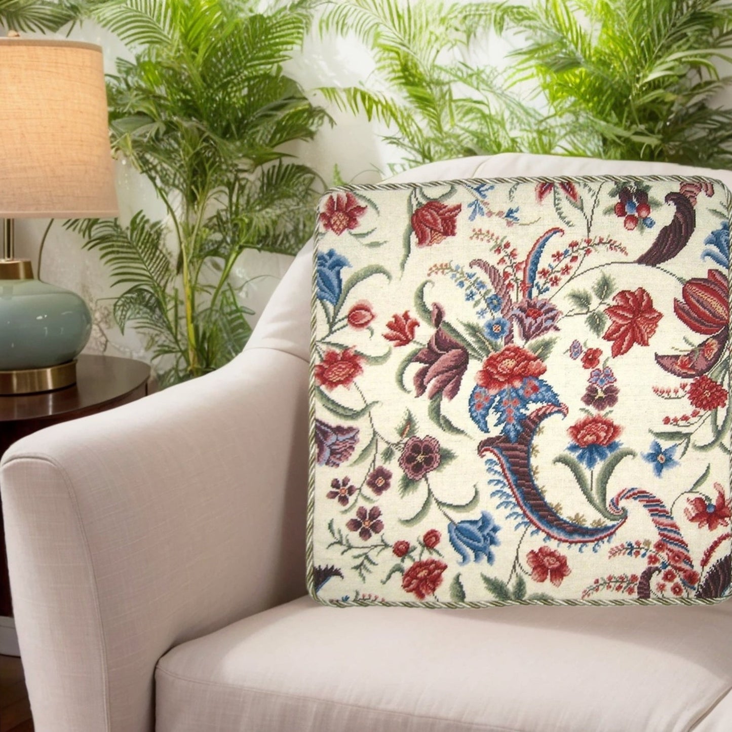 Handmade Wool Needlepoint Pillow Cover - Decorative Throw Cushion Cover - Vintage Floral Embroidery Design  tropical floral with cording