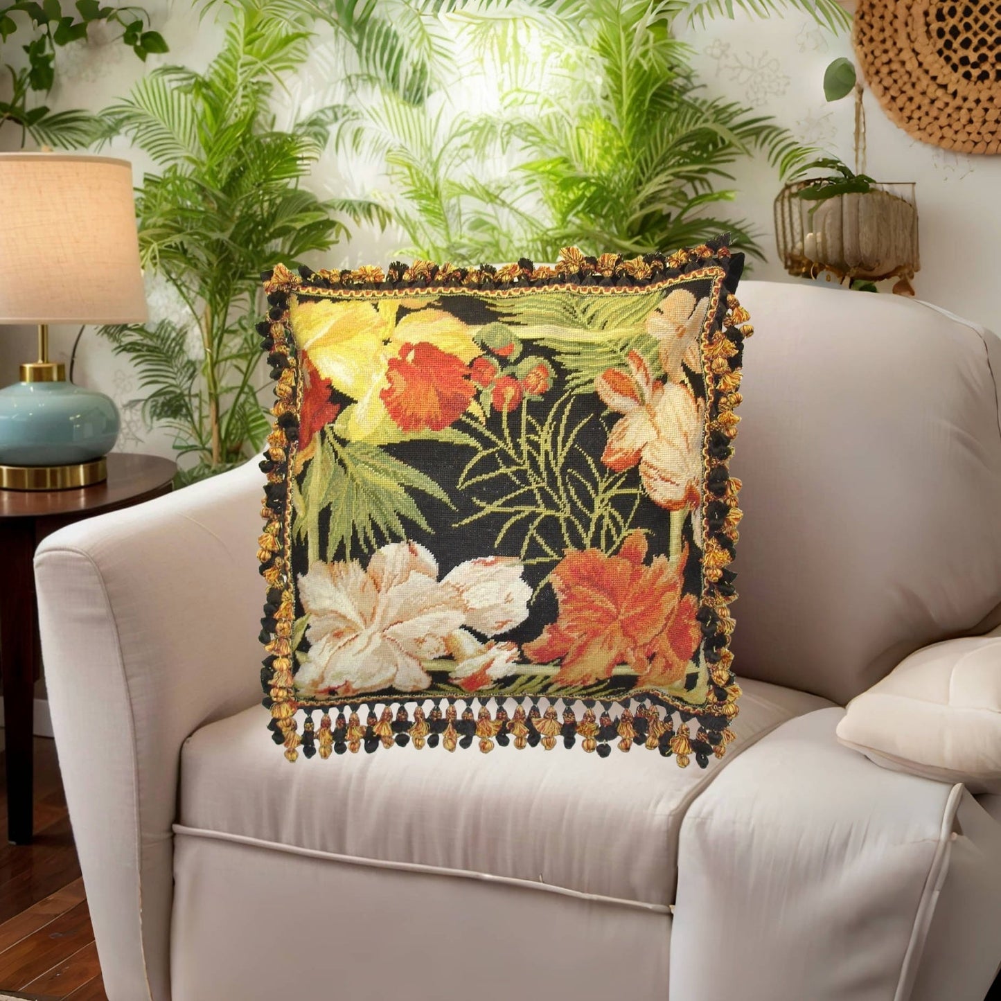 Handmade Wool Needlepoint Pillow Cover - Decorative Throw Cushion Cover - Vintage Floral Embroidery Design blackback banboo framed tropical flower in red, yellow, green with tassel