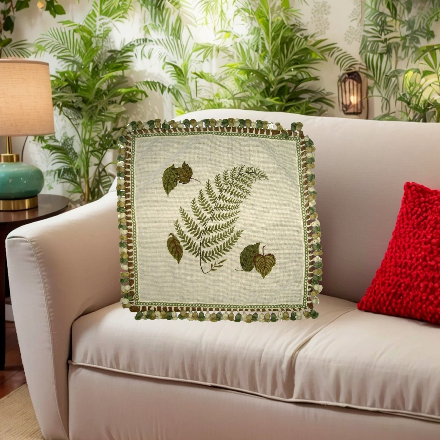 Handmade Wool Needlepoint Pillow Cover - Decorative Throw Cushion Cover - Vintage Floral Embroidery Design fern, leaves with tassels