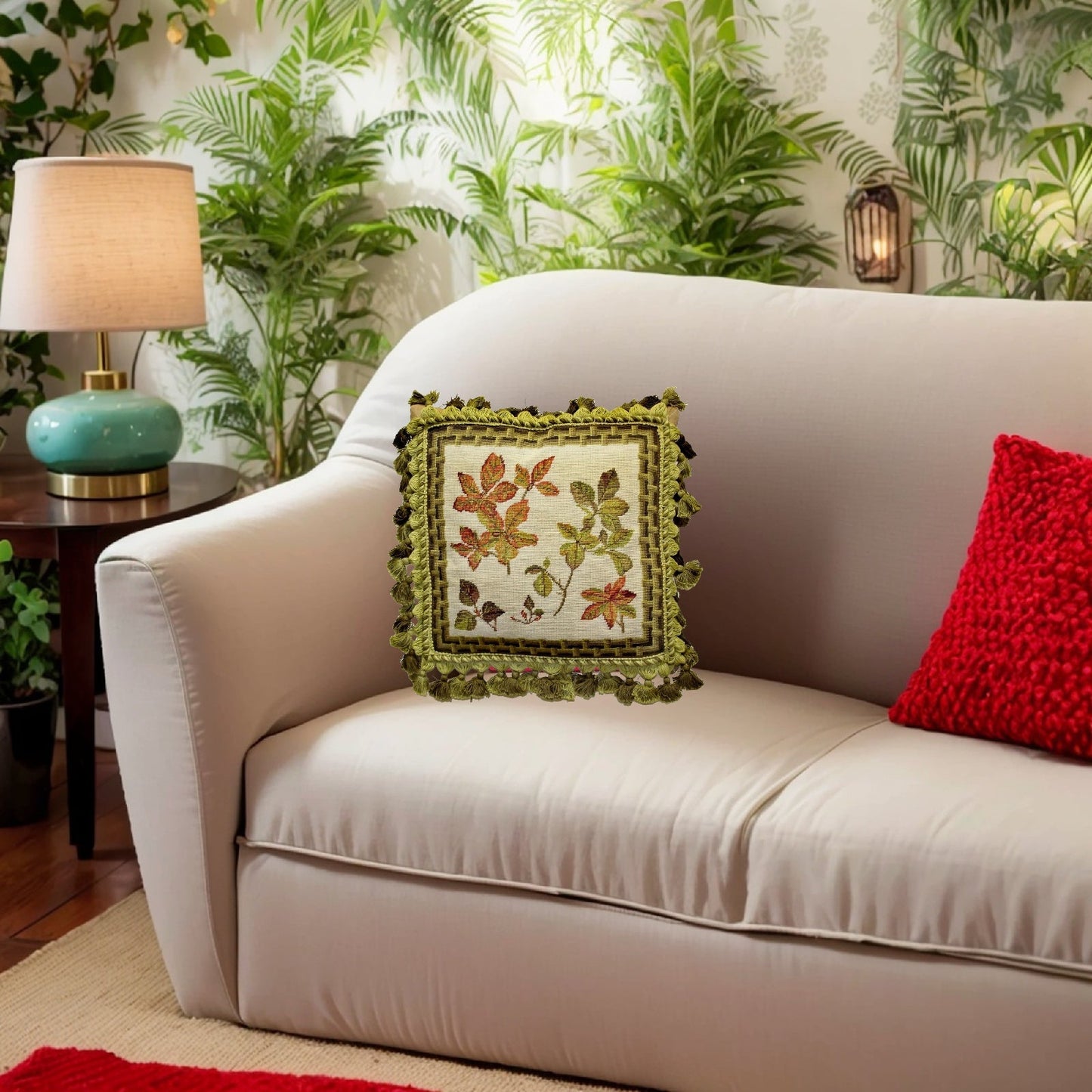 Handmade Wool Needlepoint Pillow Cover - Decorative Throw Cushion Cover - Vintage Floral Embroidery Design  leaves bamboo frame with 3 color tassel