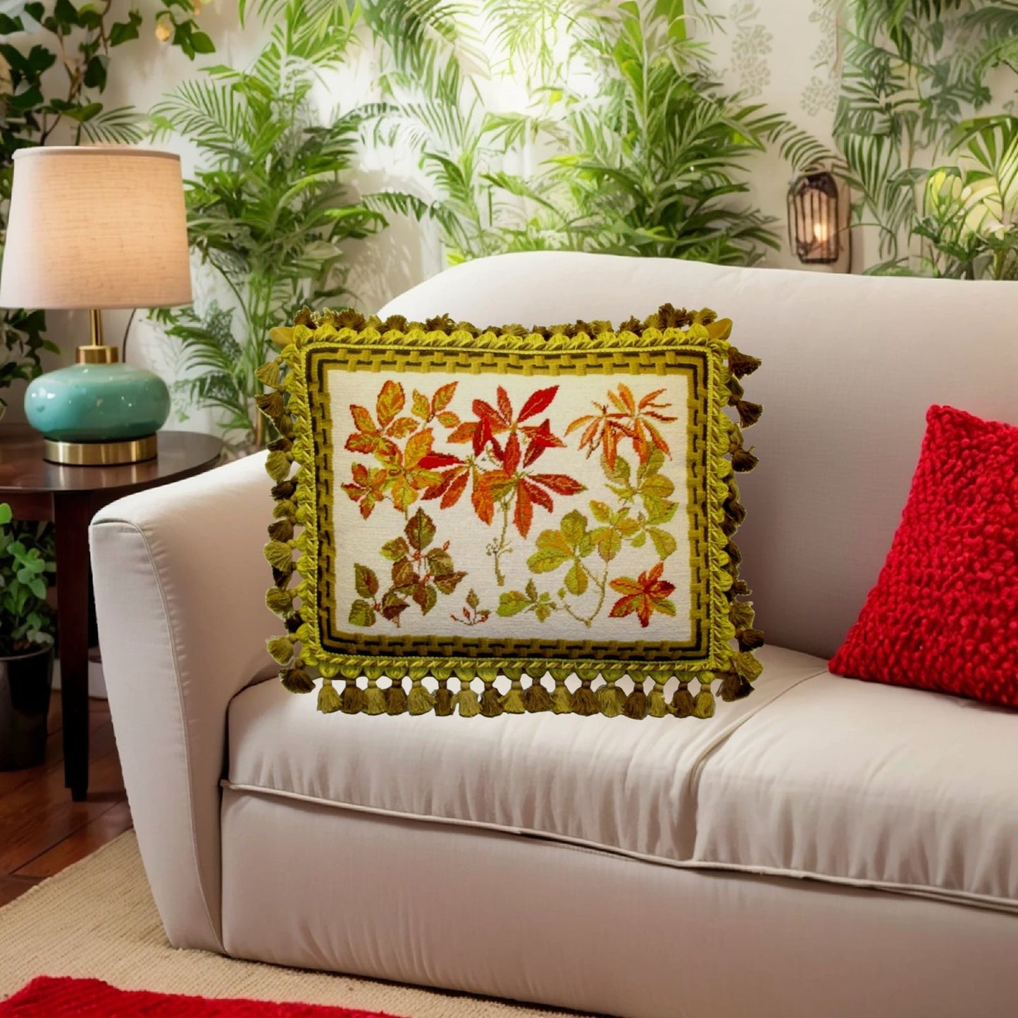 Handmade Wool Needlepoint Pillow Cover - Decorative Throw Cushion Cover - Vintage Floral Embroidery Design  leaves with brown bamboo frame 3 color tassels