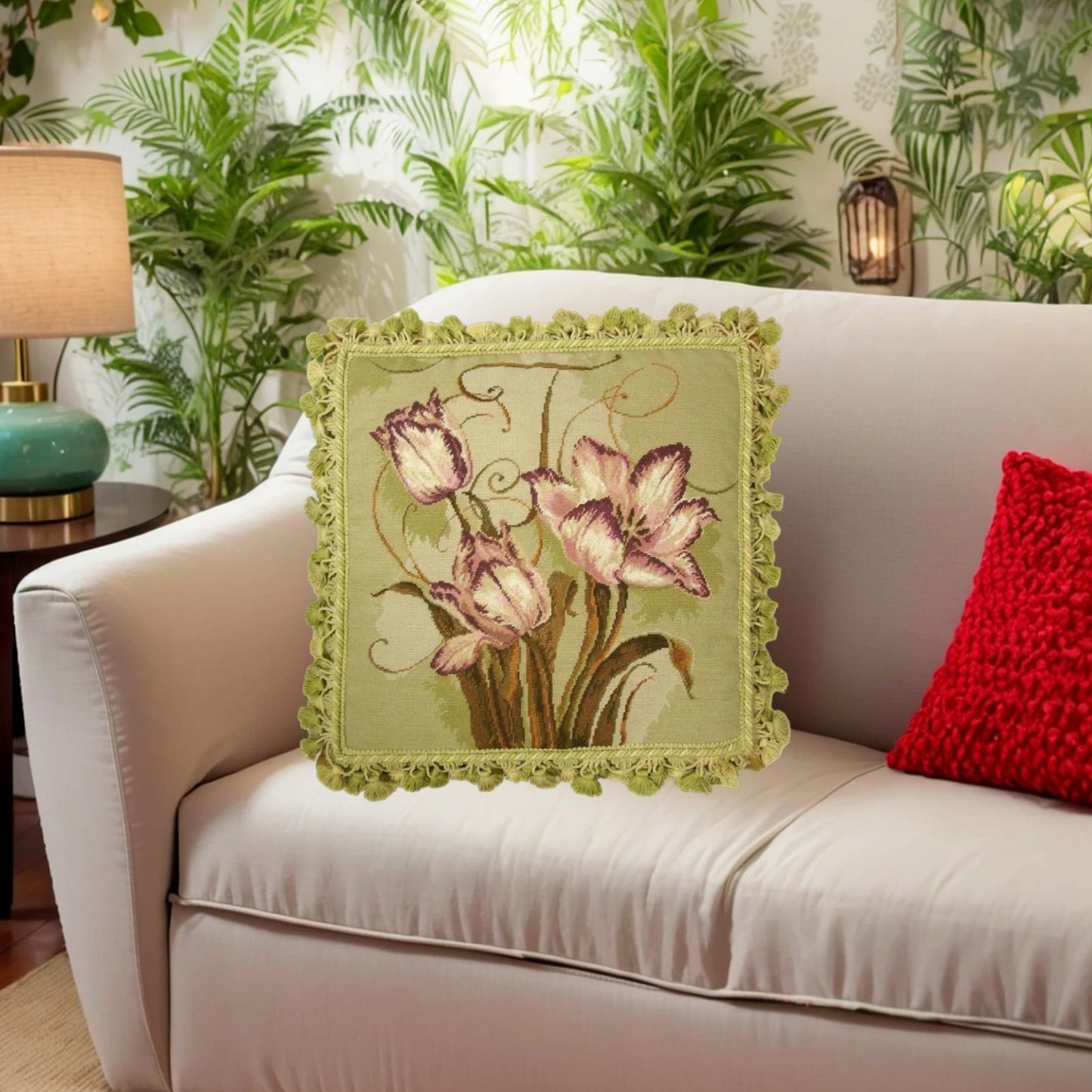 Handmade Wool Needlepoint Pillow Cover - Decorative Throw Cushion Cover - Vintage Floral Embroidery Design  Kathryn White designtulip trumeau with tassel