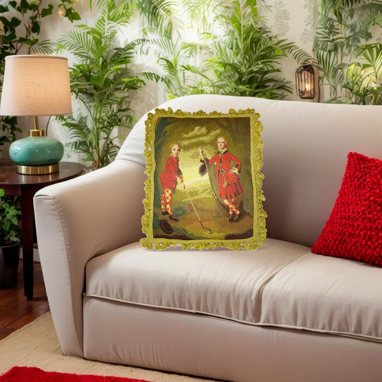 Handmade Wool Needlepoint Pillow Cover - Decorative Throw Cushion Cover - Vintage Floral Embroidery Design Irish Golfers background with tassels