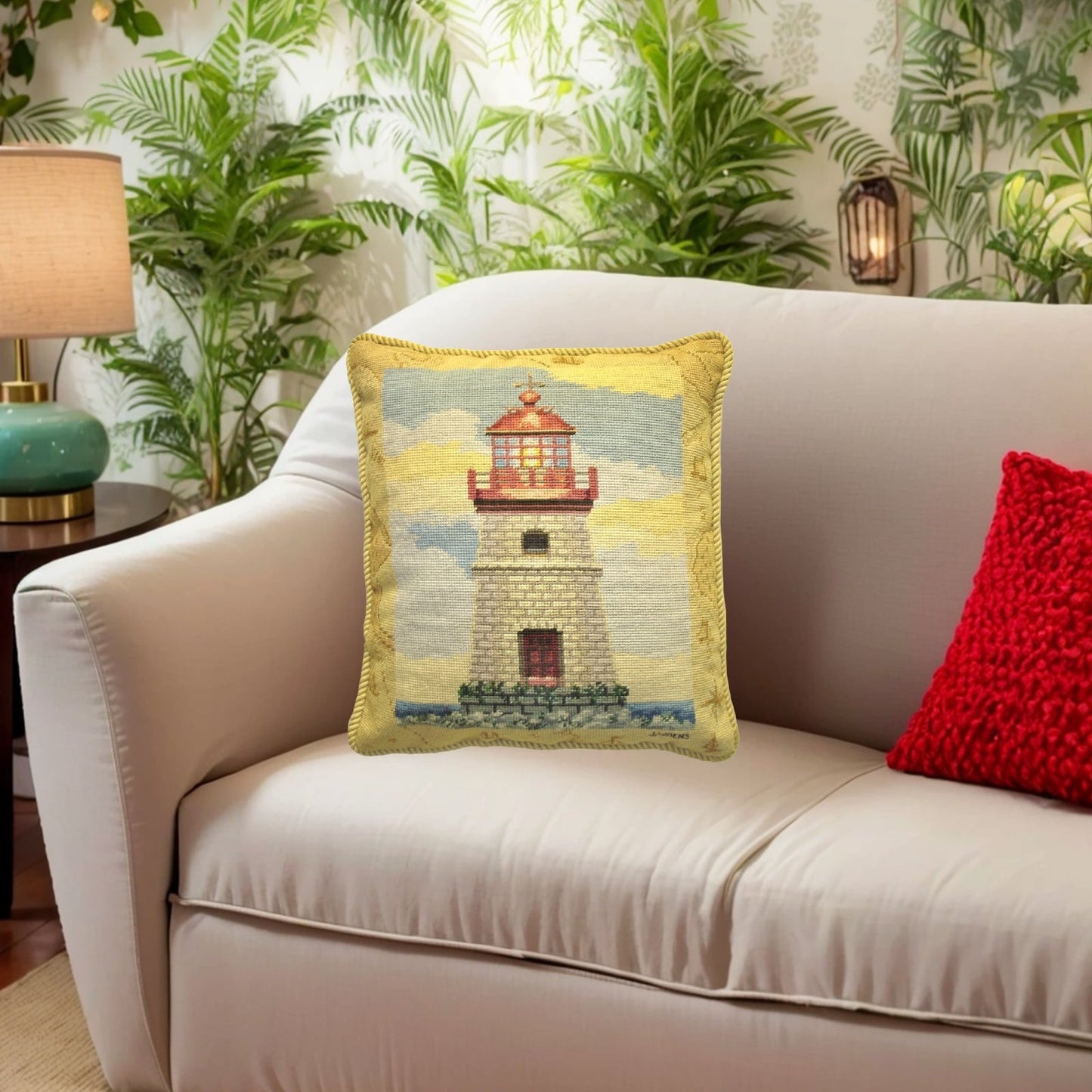 Handmade Wool Needlepoint Pillow Cover - Decorative Throw Cushion Cover - Vintage Floral Embroidery Design James Winess designMapped lighthouse II, &  with cording