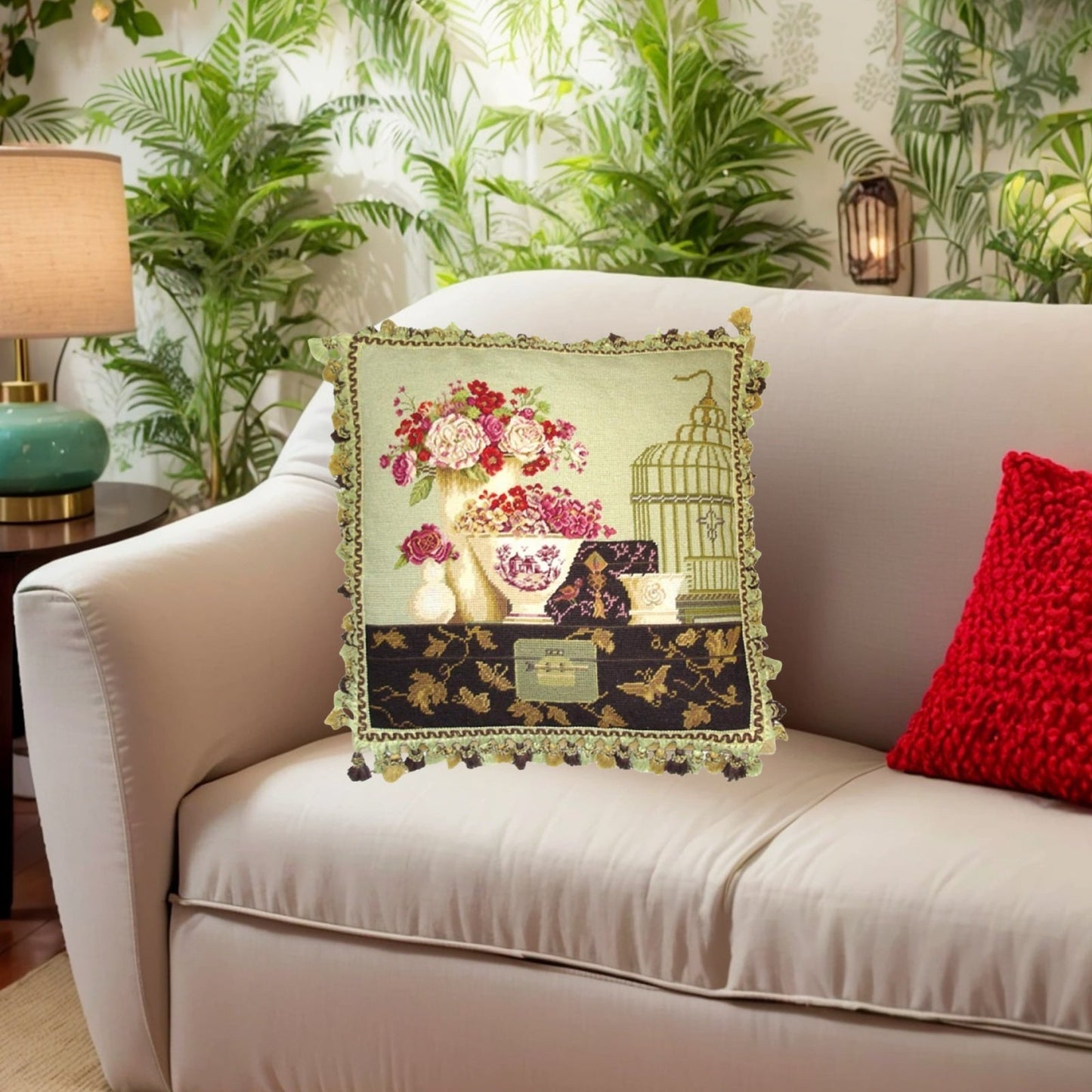 Handmade Wool Needlepoint Pillow Cover - Decorative Throw Cushion Cover - Vintage Floral Embroidery Design  Kathryn White Design I