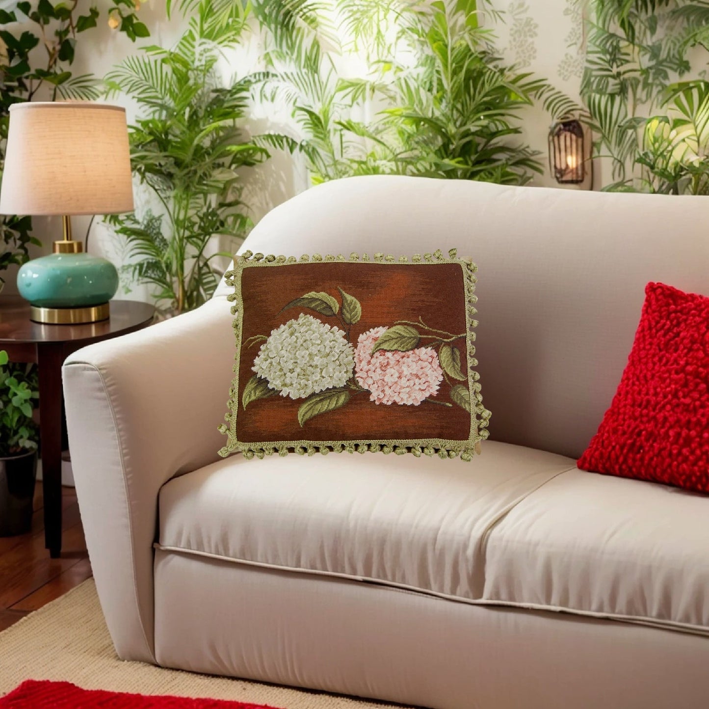 Handmade Wool Needlepoint Pillow Cover - Decorative Throw Cushion Cover - Vintage Floral Embroidery Design  brown background pink & green hydrangea with tassels