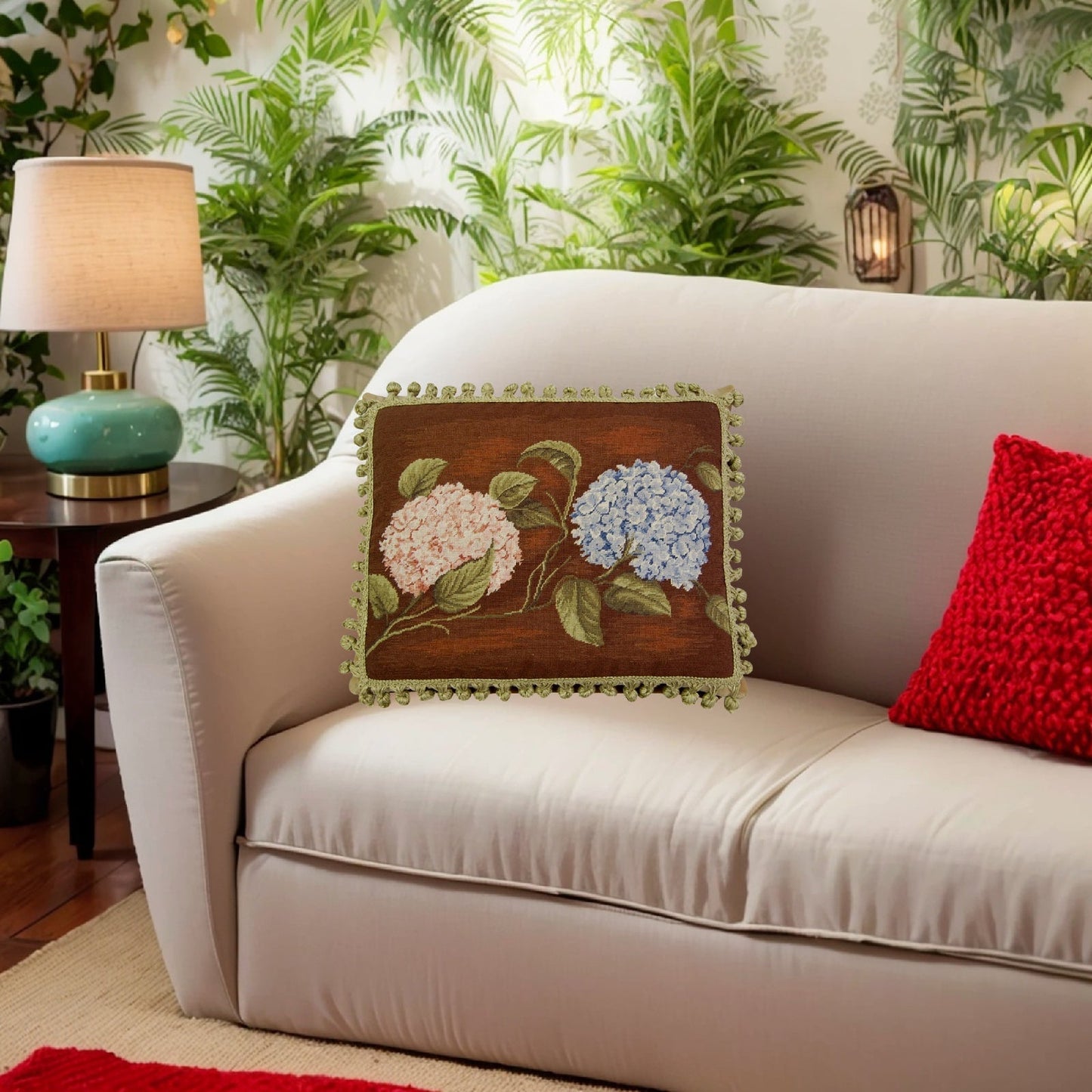 Handmade Wool Needlepoint Pillow Cover - Decorative Throw Cushion Cover - Vintage Floral Embroidery Design  brown background pink & blue hydrangea with tassels