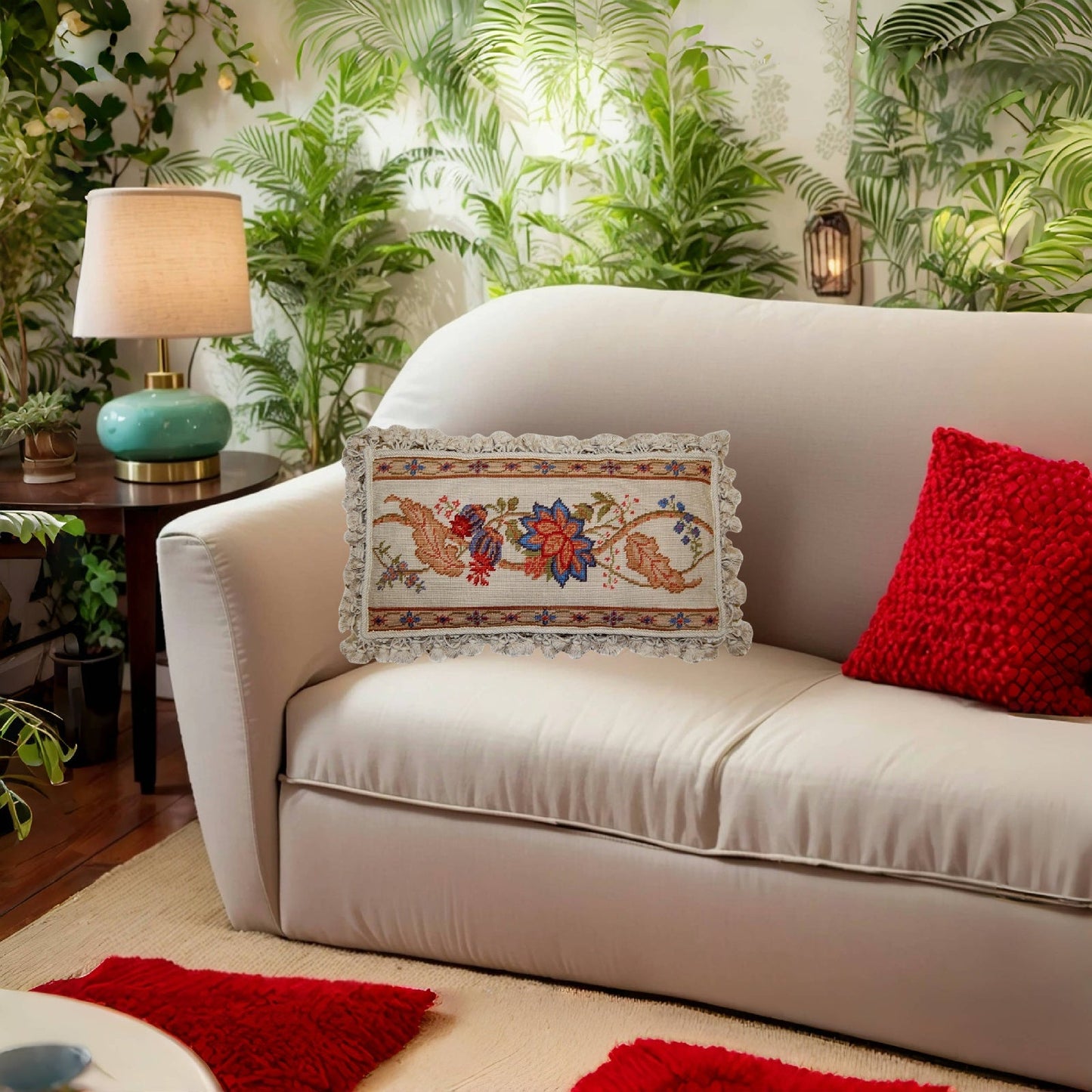 Handmade Wool Needlepoint Pillow Cover - Decorative Throw Cushion Cover - Vintage Floral Embroidery Design ginger flowers with nature tassels