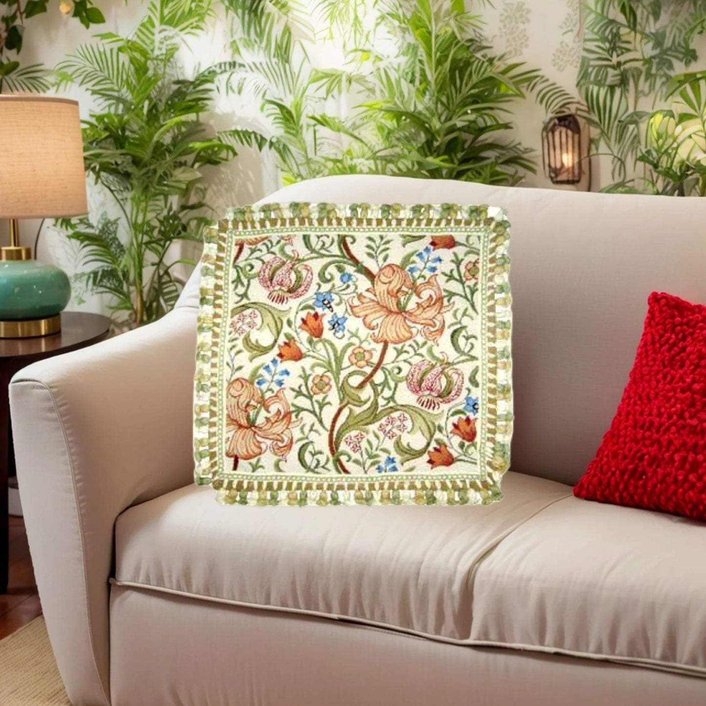 Handmade Wool Needlepoint Pillow Cover - Decorative Throw Cushion Cover - Vintage Floral Embroidery Design  floral in orange pink green blue with tassels A