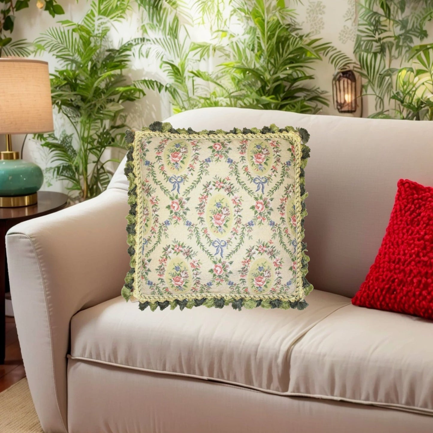 Handmade Wool Needlepoint Pillow Cover - Decorative Throw Cushion Cover - Vintage Floral Embroidery Design  oval shape roses in the leave frame with 2 tone green tassel