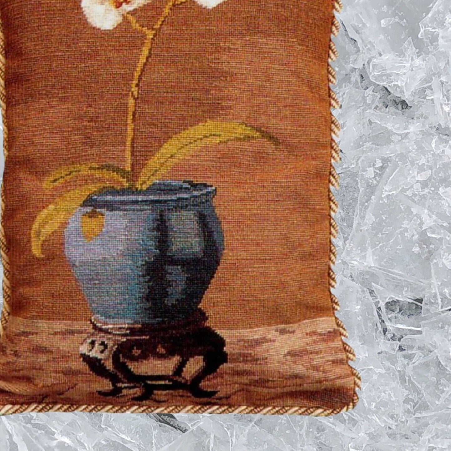 Handmade Wool Needlepoint Pillow Cover - Decorative Throw Cushion Cover - Vintage Floral Embroidery Design  white orchard in blue pot with 2 color cording