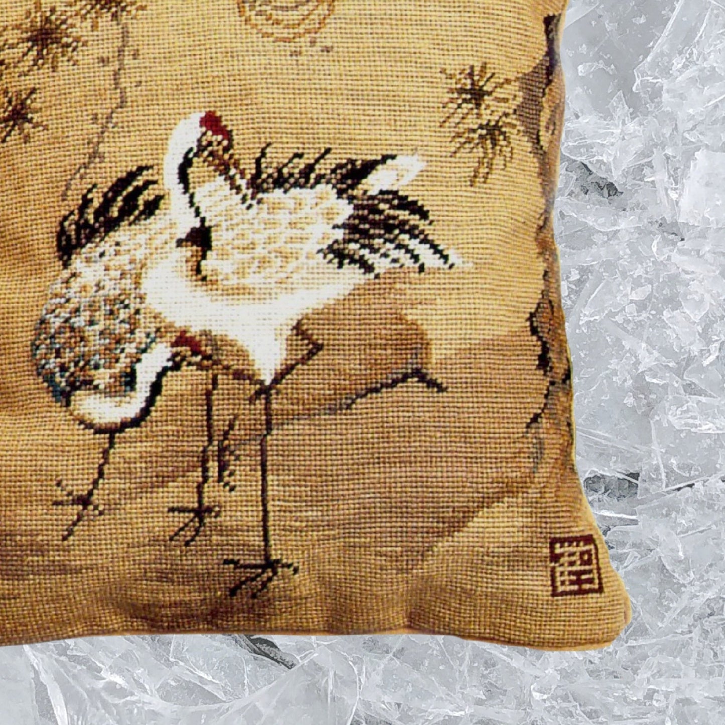 Handmade Wool Needlepoint Pillow Cover - Decorative Throw Cushion Cover - Vintage Floral Embroidery Design  Cranes with pine tree 1