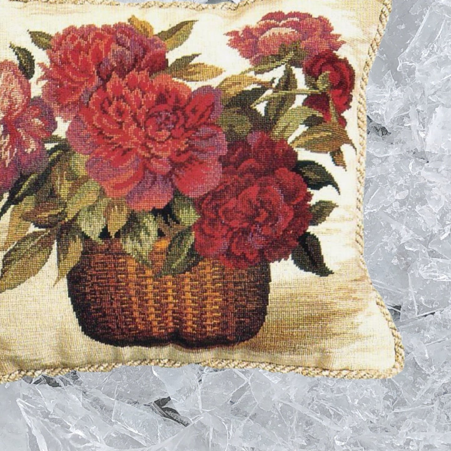 Handmade Wool Needlepoint Pillow Cover - Decorative Throw Cushion Cover - Vintage Floral Embroidery Design  Peoney basket with 2 color cording