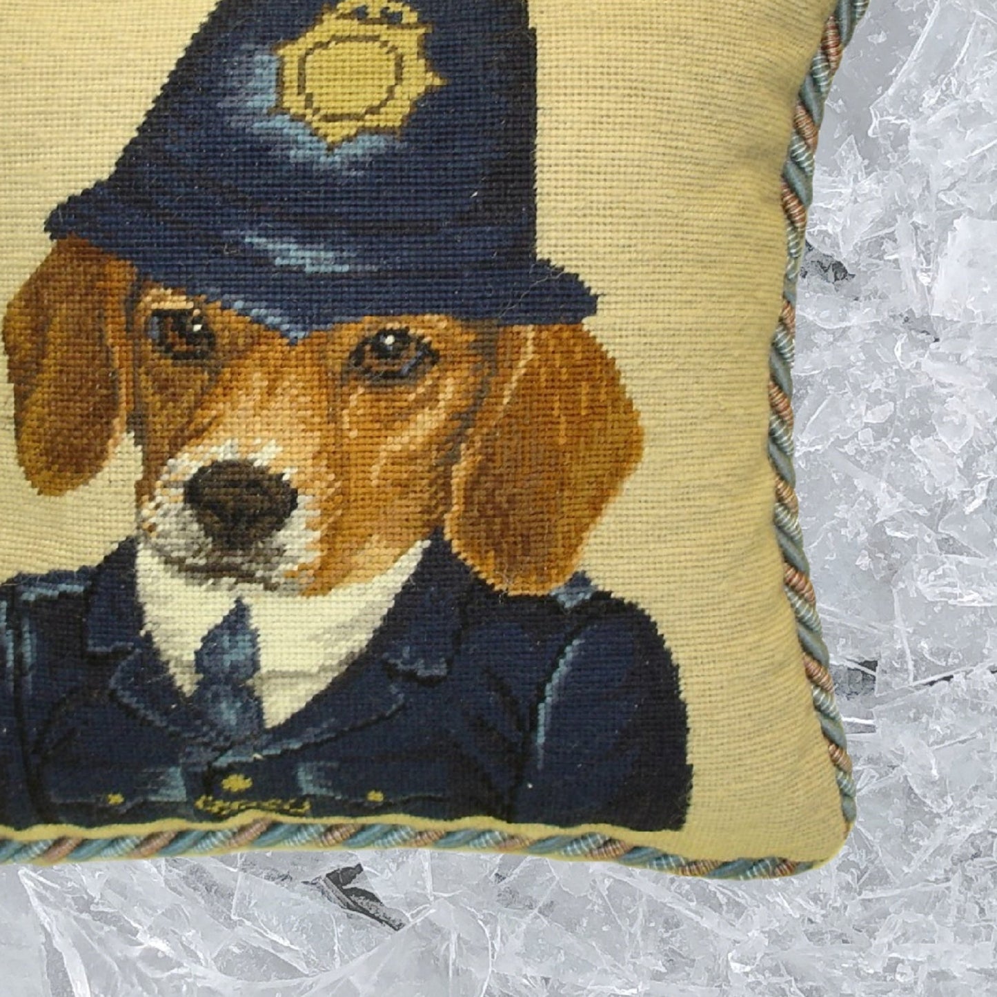 Handmade Wool Needlepoint Pillow Cover - Decorative Throw Cushion Cover - Vintage Floral Embroidery Design  Bobby Beagle with 2 color cording