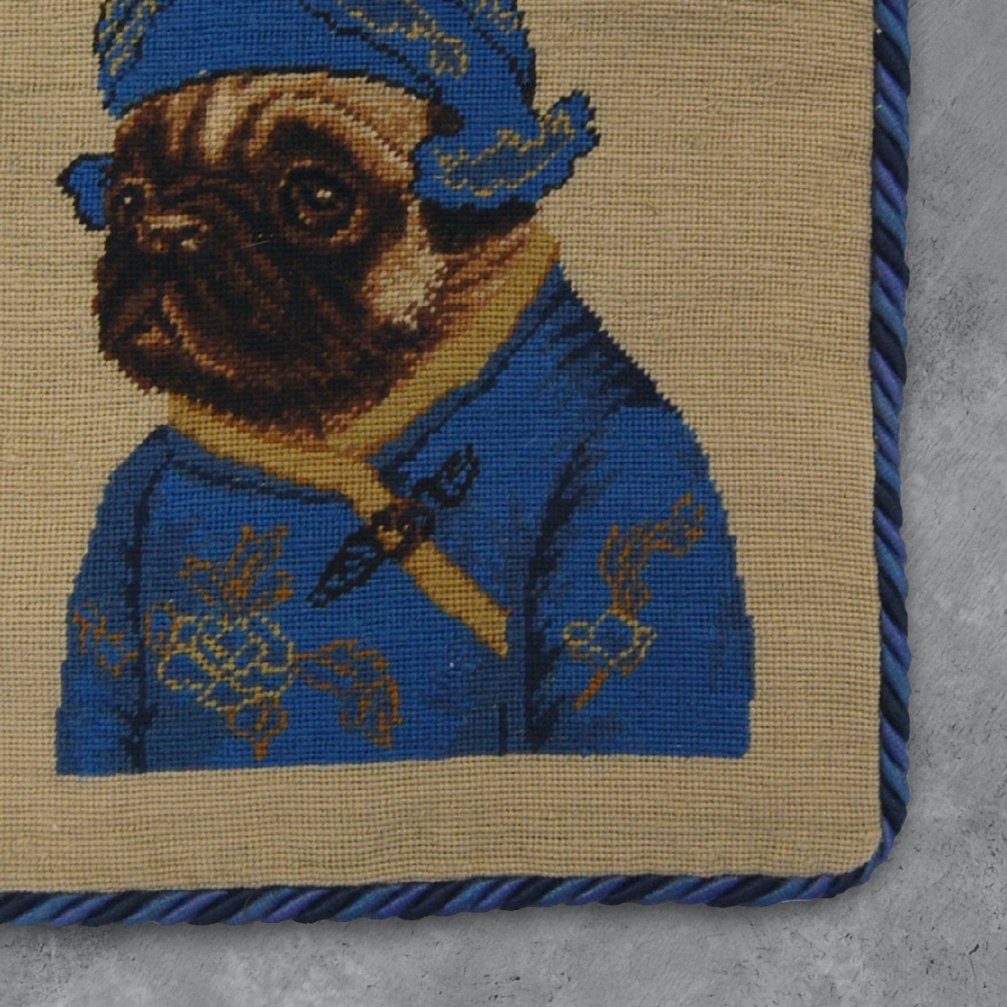Handmade Wool Needlepoint Pillow Cover - Decorative Throw Cushion Cover - Vintage Floral Embroidery Design  pug boy in blue with 3 color cording