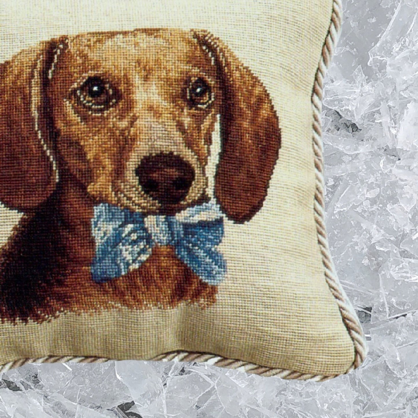 Handmade Wool Needlepoint Pillow Cover - Decorative Throw Cushion Cover - Vintage Floral Embroidery Design  Dachsund with 2 color cording