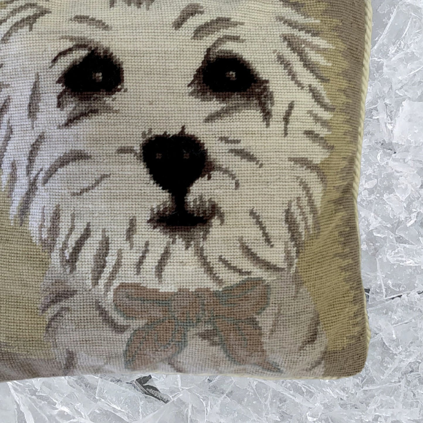 Handmade Wool Needlepoint Pillow Cover - Decorative Throw Cushion Cover - Vintage Floral Embroidery Design  Westie with 3 color cording