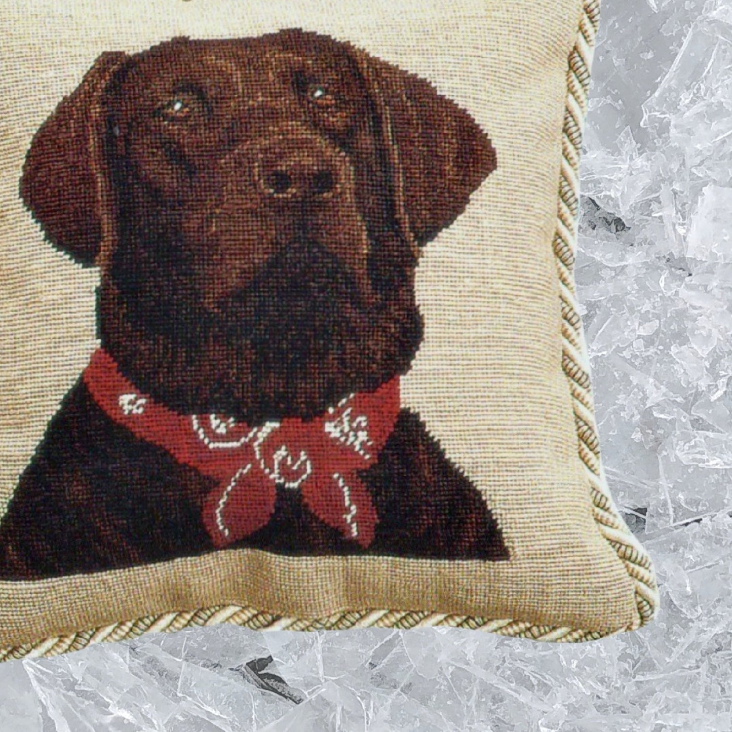 Handmade Wool Needlepoint Pillow Cover - Decorative Throw Cushion Cover - Vintage Floral Embroidery Design  brown Labradorwith 2 color cording