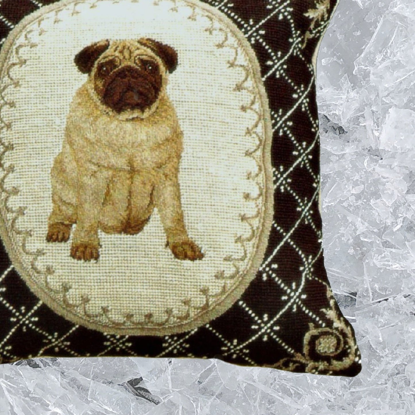 Handmade Wool Needlepoint Pillow Cover - Decorative Throw Cushion Cover - Vintage Floral Embroidery Design Pettiepoint Pug in black frame